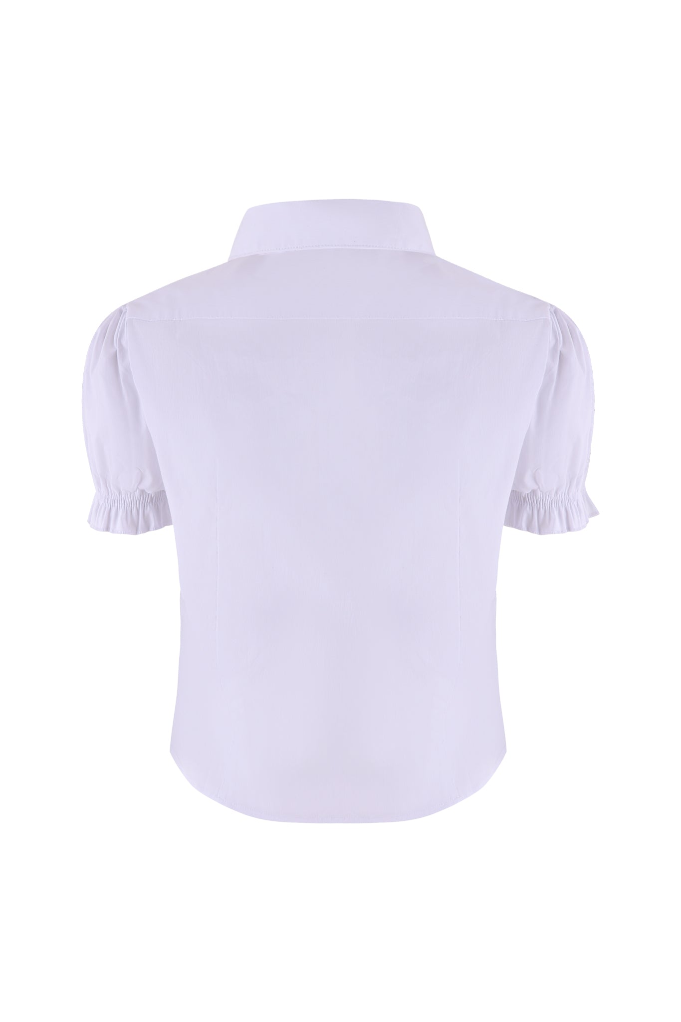 A close-up of the EDIE TOP - WHITE by I.AM.GIA. This tailored-fit blouse features a pointed collar and puff short sleeves with elasticized cuffs. The white buttons run down the front of the garment, set against a plain white background.