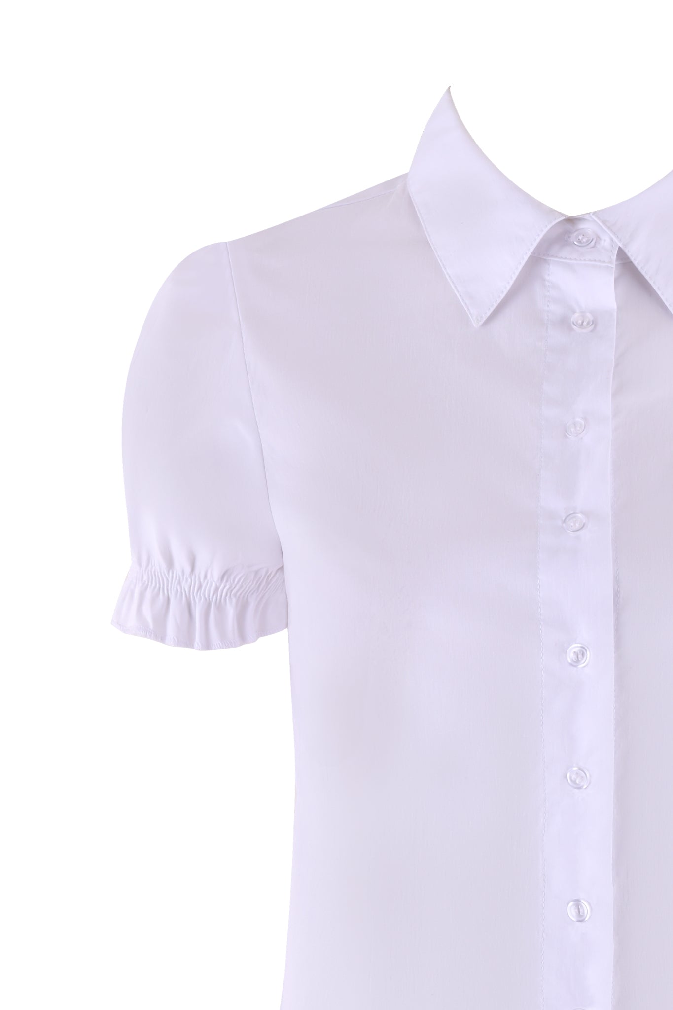 A close-up of the EDIE TOP - WHITE by I.AM.GIA. This tailored-fit blouse features a pointed collar and puff short sleeves with elasticized cuffs. The white buttons run down the front of the garment, set against a plain white background.