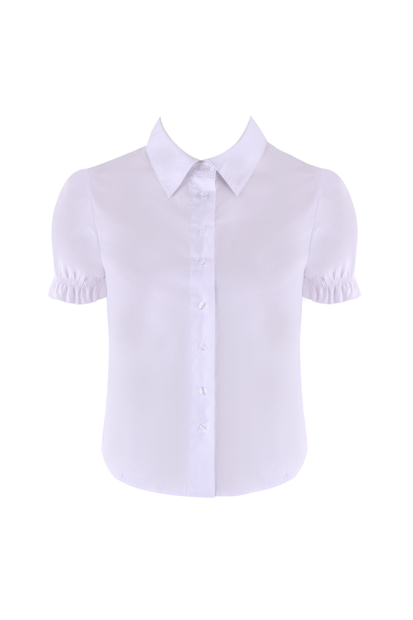 A close-up of the EDIE TOP - WHITE by I.AM.GIA. This tailored-fit blouse features a pointed collar and puff short sleeves with elasticized cuffs. The white buttons run down the front of the garment, set against a plain white background.