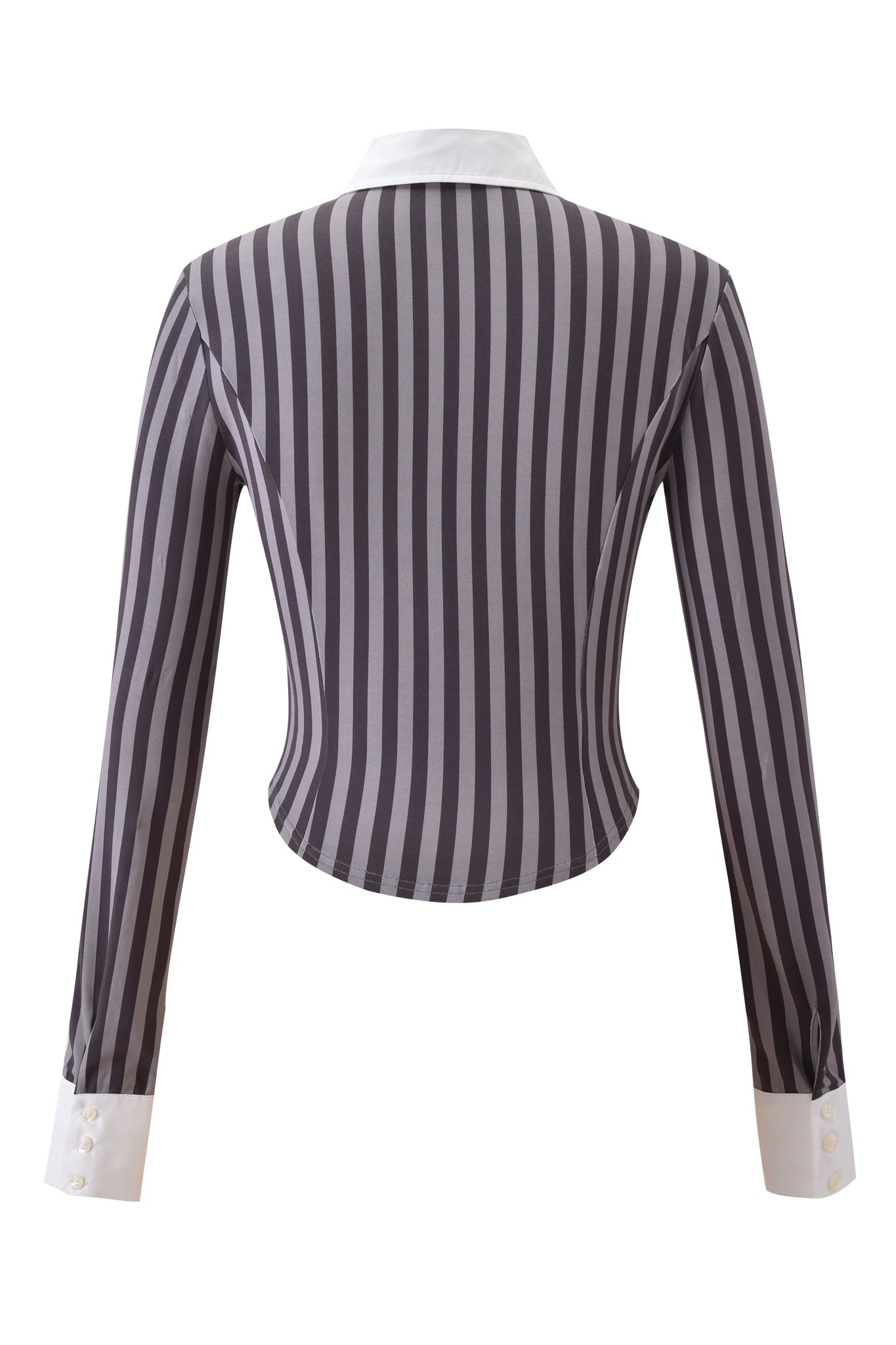 The JULIA TOP - GREY STRIPE by I.AM.GIA is a long-sleeved shirt with grey vertical stripes, white collar and cuffs, shown from the back. Its bodycon fit creates a sleek, flattering silhouette.