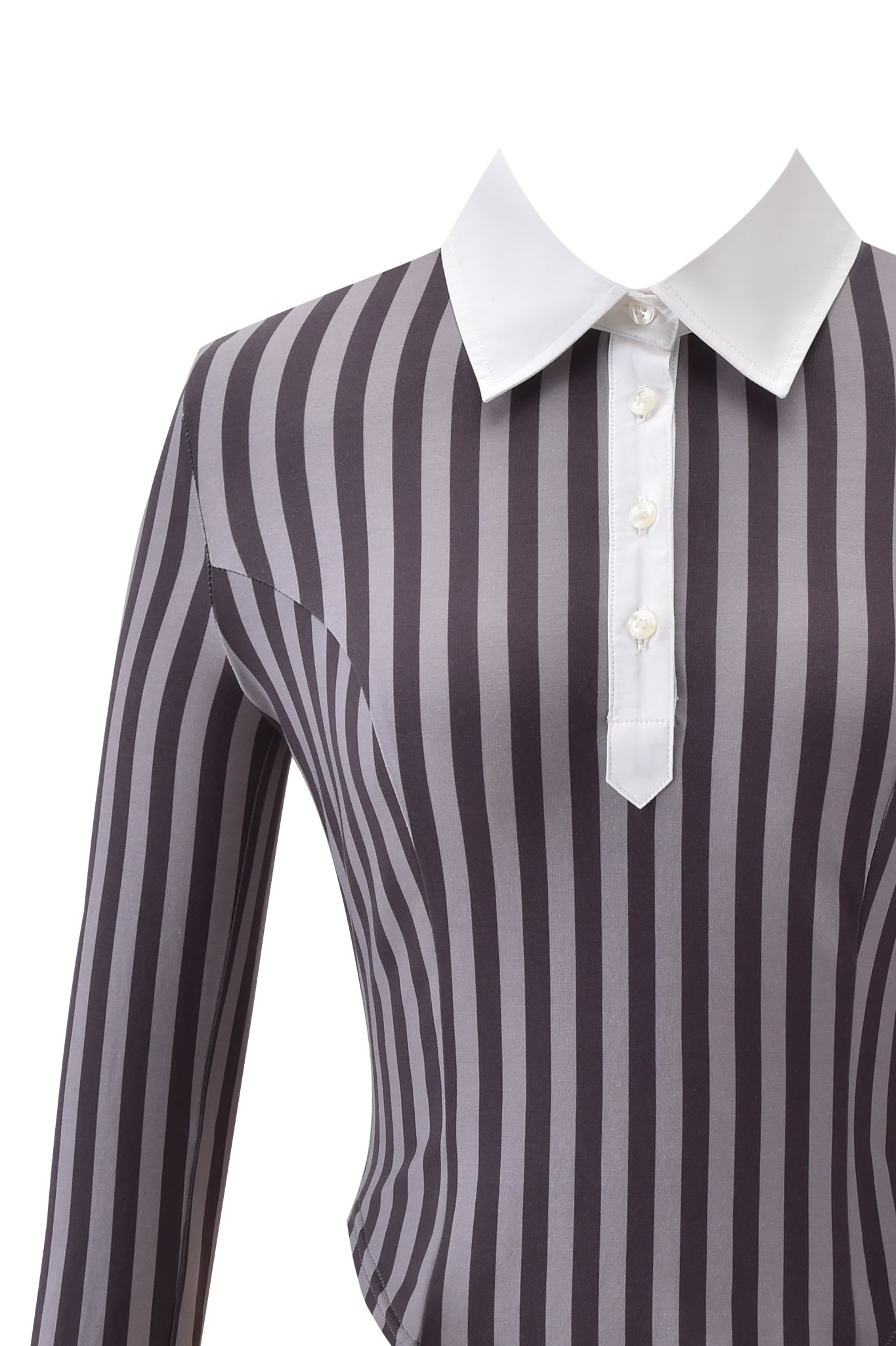 The I.AM.GIA JULIA TOP - GREY STRIPE is a chic bodycon shirt with vertical black and grey stripes, a white pointed collar, and a four-button placket. Shown on a mannequin against a plain background.