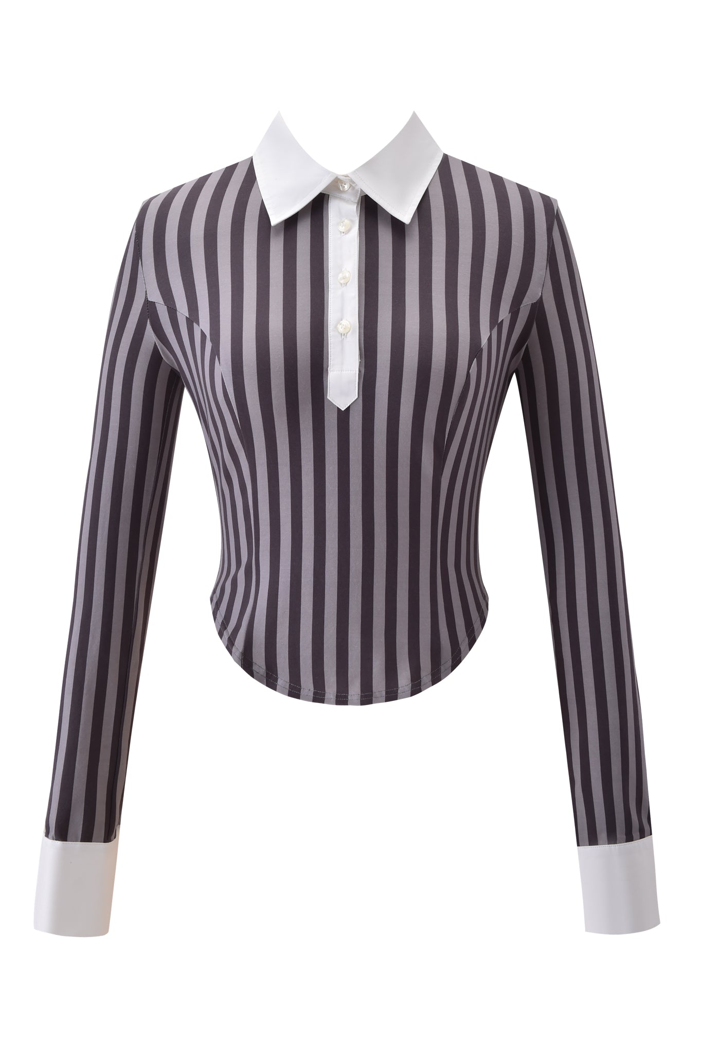 The JULIA TOP - GREY STRIPE by I.AM.GIA is a long-sleeve, bodycon blouse featuring vertical grey stripes, a crisp white pointed collar, white cuffs, and a four-button white placket down the front.