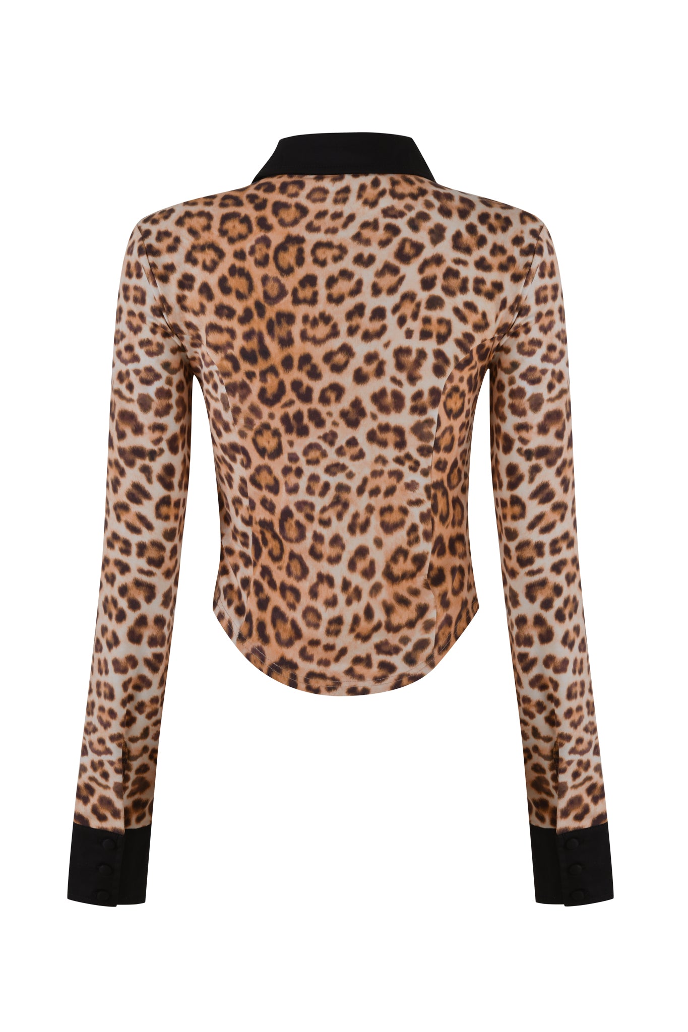 The JULIA TOP - NEUTRAL : LEOPARD by I.AM.GIA is a long-sleeved blouse with a striking leopard print design. The tan fabric is adorned with dark brown and black spots, typical of a leopard pattern. Black accents at the collar and cuffs provide a bold contrast to the animal print.