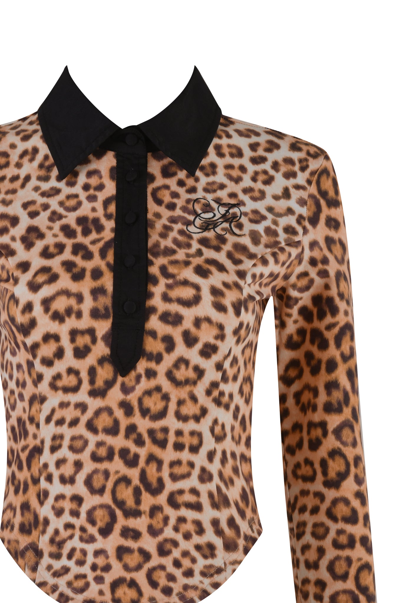 The JULIA TOP - NEUTRAL : LEOPARD from I.AM.GIA is a long-sleeved blouse featuring a striking leopard print in shades of brown and black. It has a black collar, button placket, and an embroidered logo on the left chest.