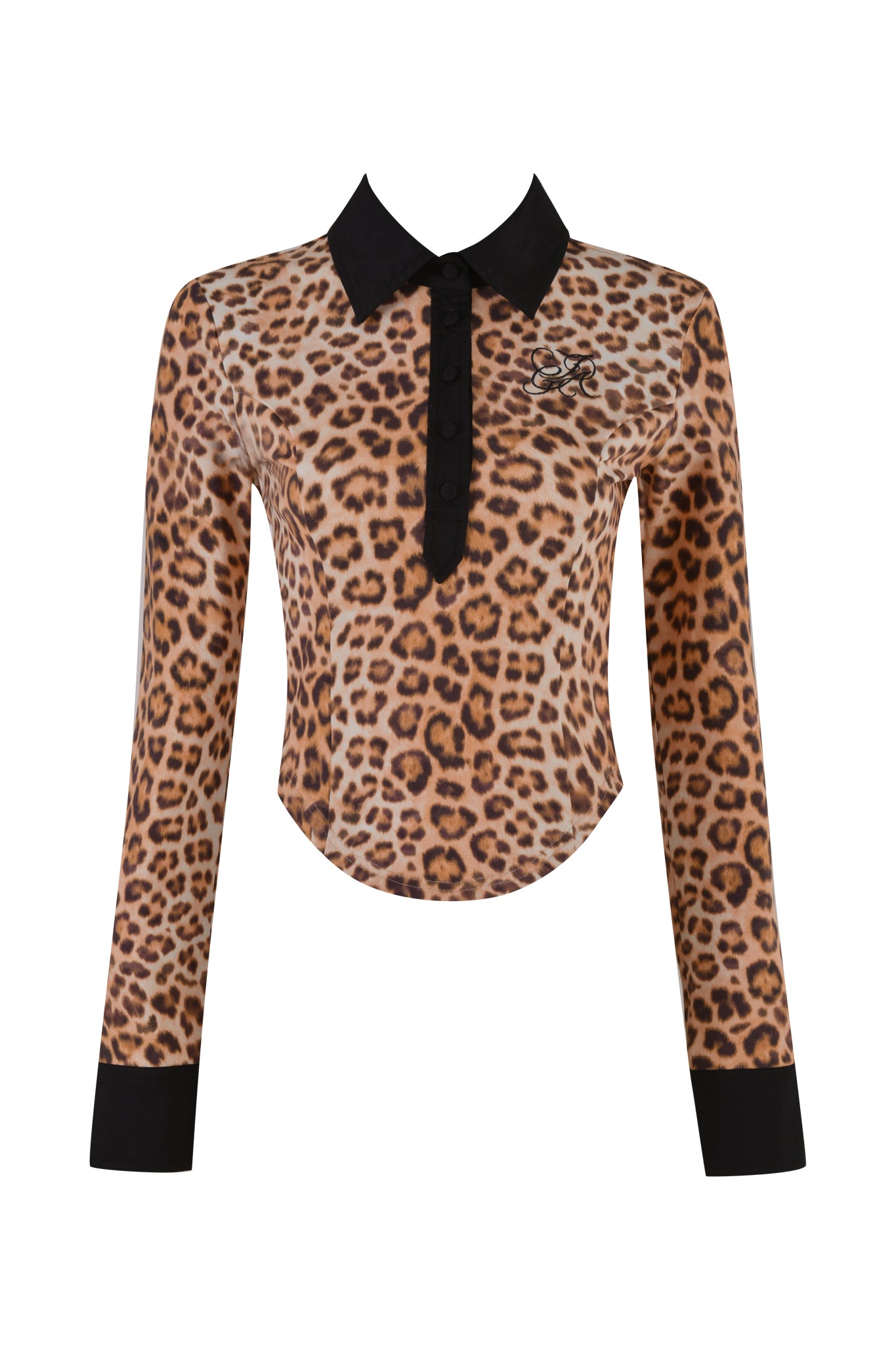 Long-sleeved JULIA TOP - NEUTRAL : LEOPARD by I.AM.GIA, featuring a leopard print with a black collar and black cuffs. The shirt has a button-down front and showcases a bodycon silhouette with a small embroidered embellishment on the left chest.