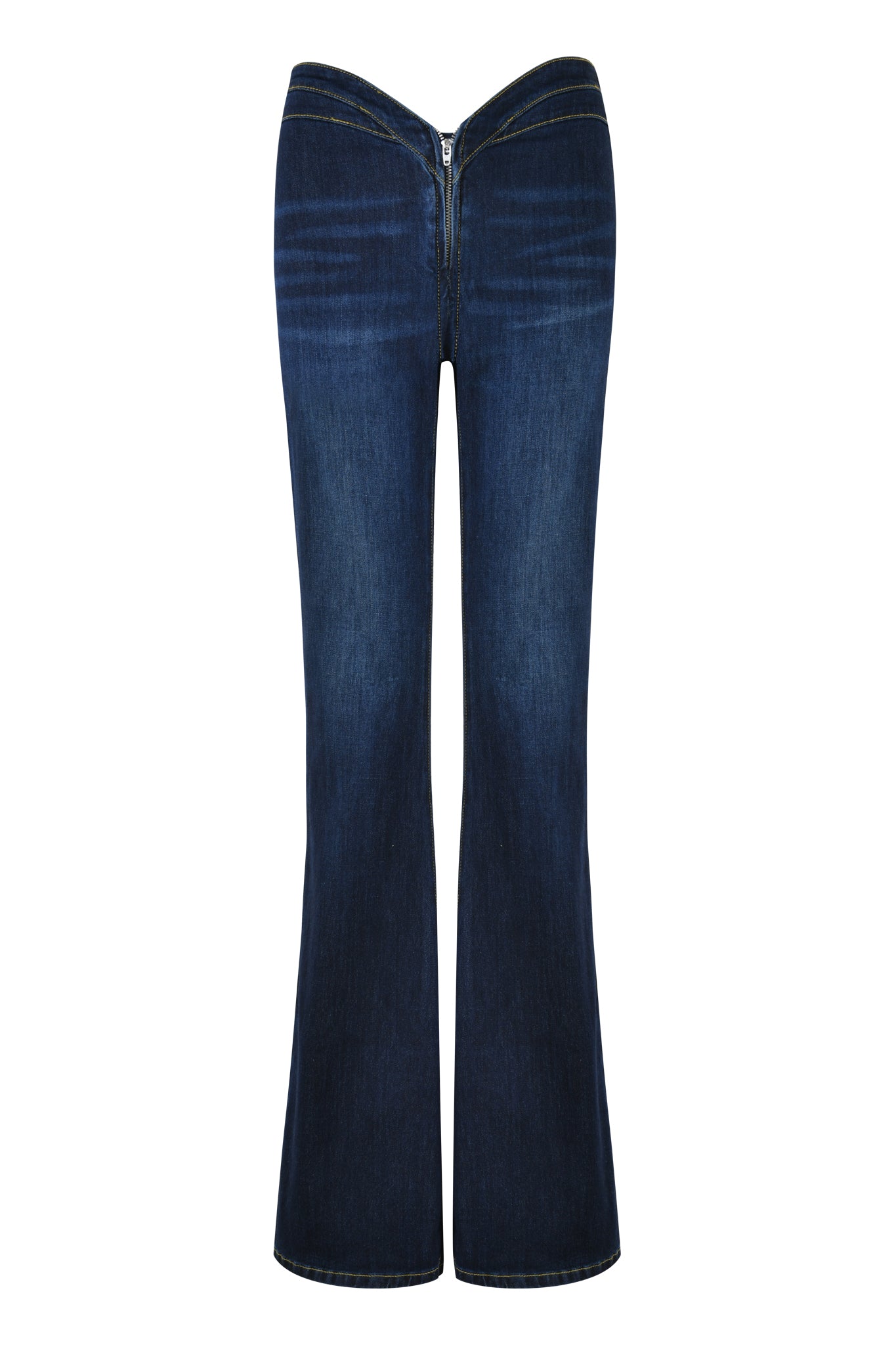 Presenting the ELLENA JEAN 2.0 - BLUE : DARK WASH by I.AM.GIA, a pair of dark blue denim jeans with a high waist and flared silhouette, shown against a white background. These jeans feature clean contrasting stitching, slightly faded thigh areas from the dark wash, and a visible front zipper.