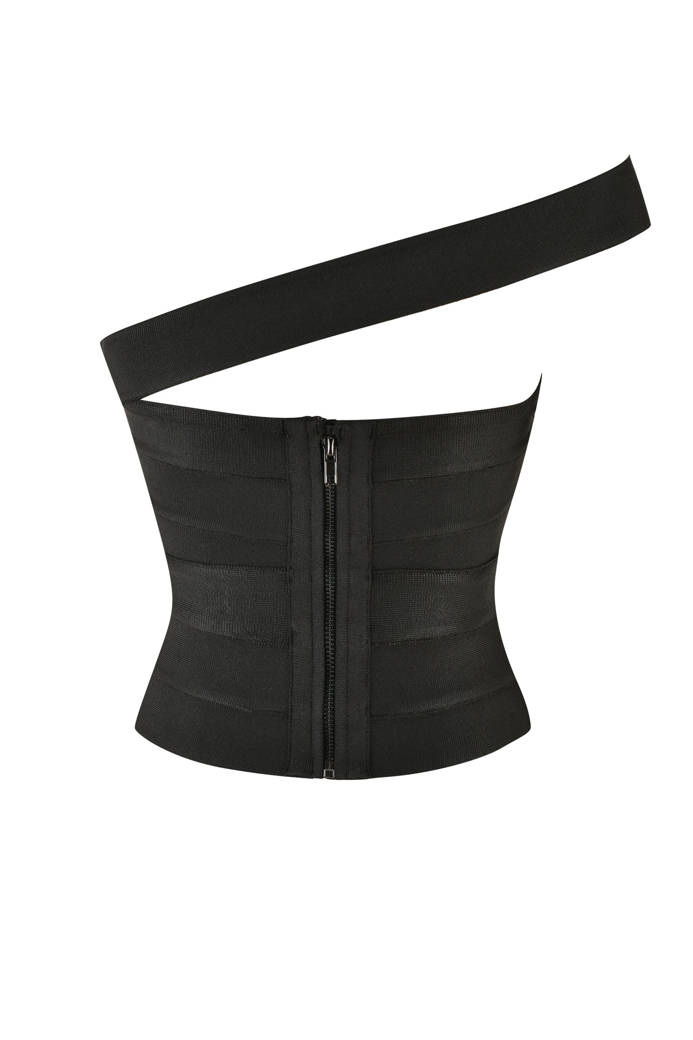 The FLAVIA TOP - BLACK by I.AM.GIA is a sleek, form-fitting black bodycon top featuring a single asymmetrical shoulder strap. It boasts vertical paneling and a gunmetal zipper closure at the front, crafted from mid-stretch fabric for an effortlessly chic look.