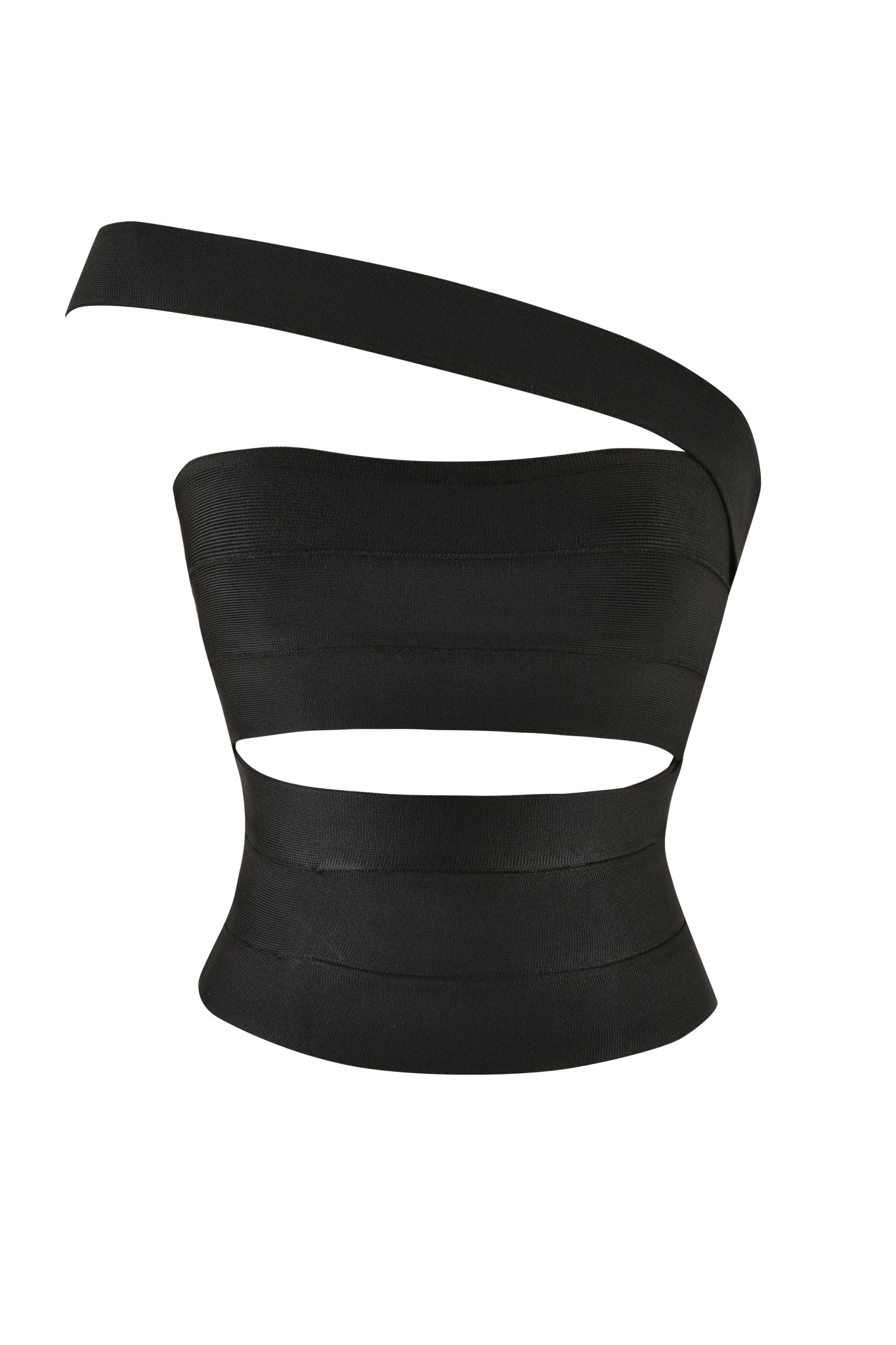 The FLAVIA TOP - BLACK by I.AM.GIA is a black bodycon top with a unique design featuring one wide vertical band and a diagonal strap that extends from the top edge over the shoulder, creating an asymmetrical look. Made from mid-stretch fabric, it has a smooth and structured appearance with a cutout detail in the center.