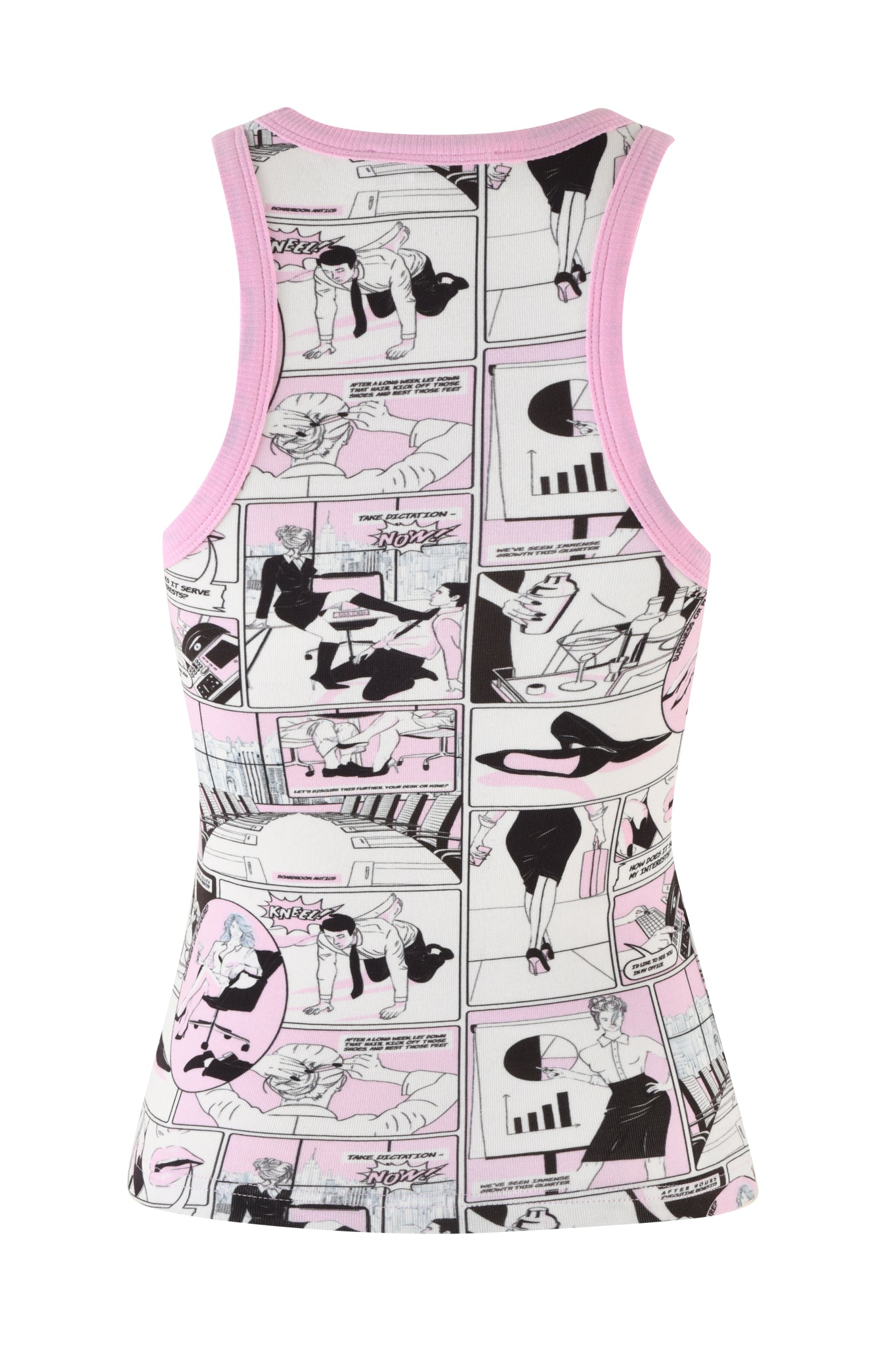 The PENELOPE TANK - PINK :COMIC PRINT by I.AM.GIA is a sleeveless top adorned with a playful comic book print. It features black and white illustrations accented with pink, showcasing various scenes and dialogue in a stylish pattern. The tank also boasts pink trim around the edges, adding an extra touch of flair.