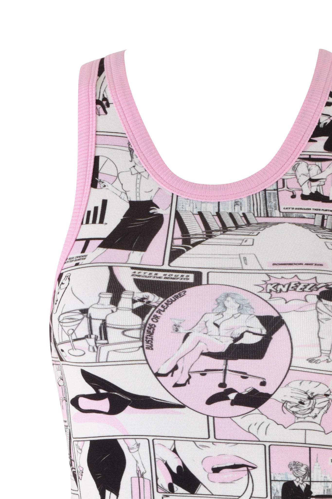 The PENELOPE TANK - PINK :COMIC PRINT by I.AM.GIA showcases a racer tank style with comic book illustrations in mostly black, white, and light pink hues. The comic design features scenes with charts, people, and speech bubbles. Both the neckline and armholes are accented with light pink trim.