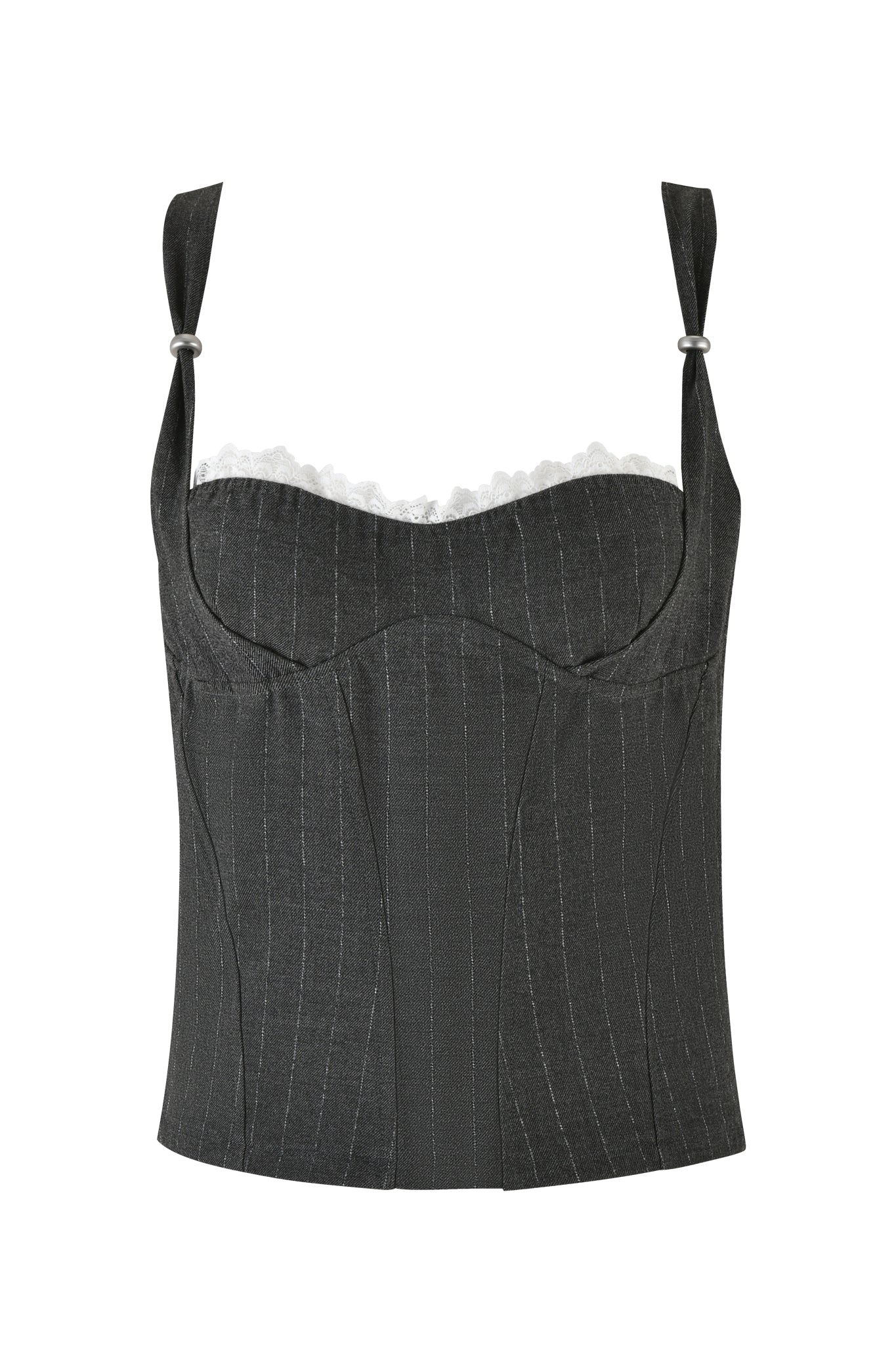 The MARRION CORSET - GREY: PINSTRIPE by I.AM.GIA boasts adjustable shoulder straps and white scalloped lace trim along the neckline. This structured piece features a tailored fit with vertical seams and a slightly curved hem.