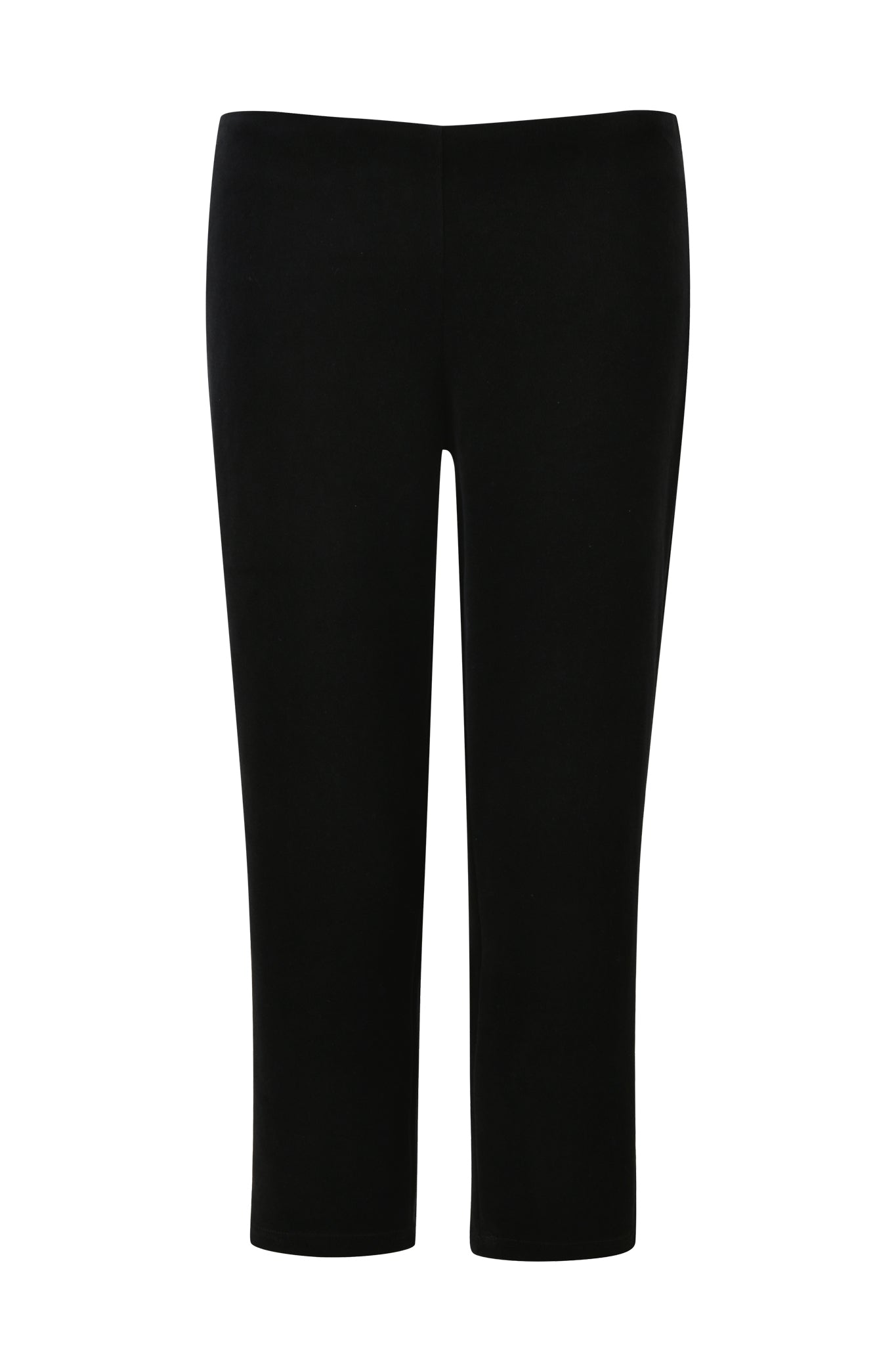 A pair of LAURA VELVET LEGGINGS in black by I.AM.GIA is shown against a white background. These leggings feature a sleek and simple, streamlined design with a mid-rise waist and an ankle-length cut, offering a bodycon fit for added sophistication.