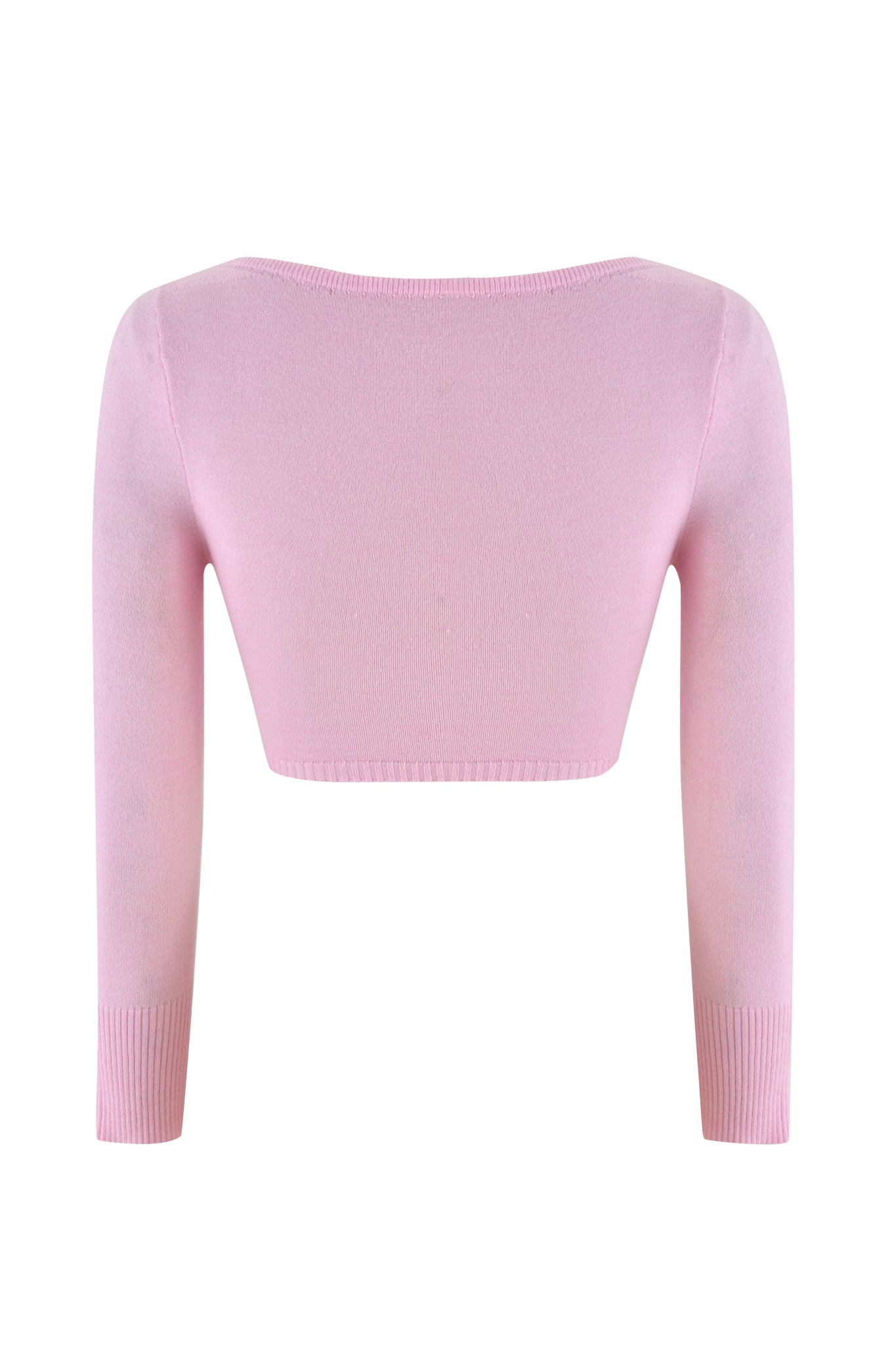 The MORGANA CROP TOP by I.AM.GIA is a light baby pink, long-sleeved super crop top with a wide neckline. Displayed against a white background, the ultra-soft knit design and bodycon fit of this simple style are perfectly highlighted.