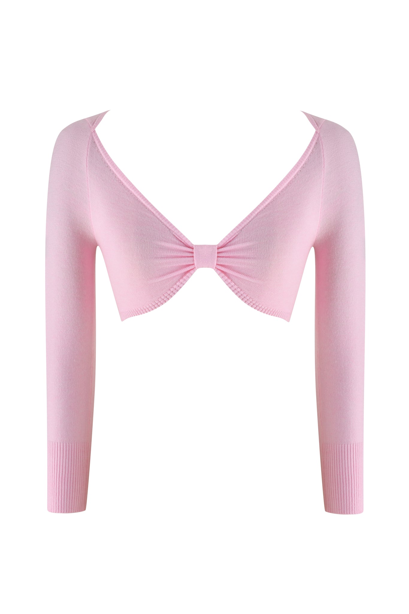 The MORGANA CROP TOP by I.AM.GIA is a light baby pink, long-sleeved shrug with ribbed cuffs and a central knot. Made from ultra-soft knit fabric, it features an open front and V-neckline, showcased against a plain white background.