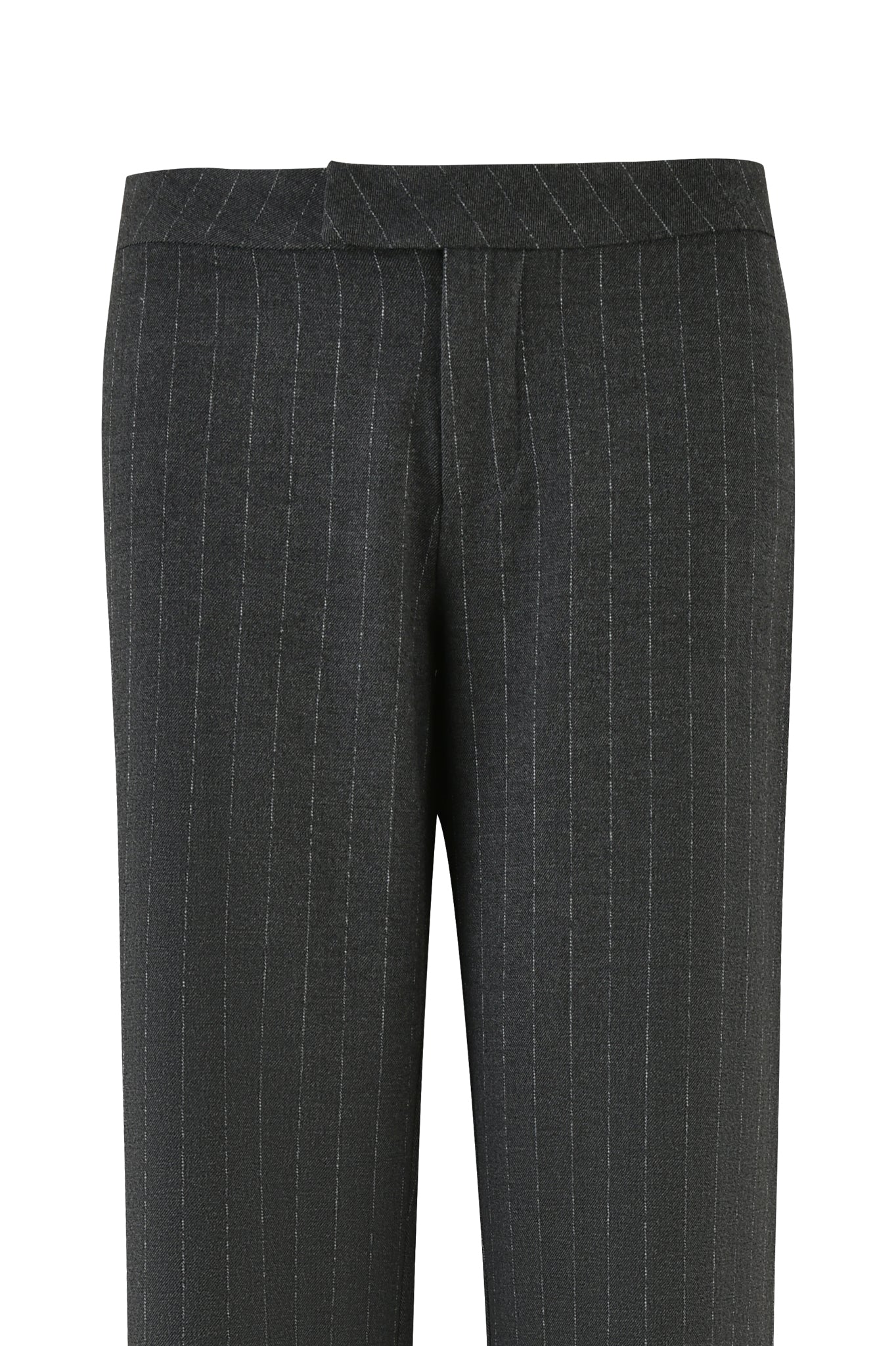 The MARRION PANT - GREY : PINSTRIPE by I.AM.GIA is displayed from the back, showcasing its straight-leg silhouette along with the back pockets and waistband. These grey pinstripe trousers feature a subtle vertical stripe pattern.