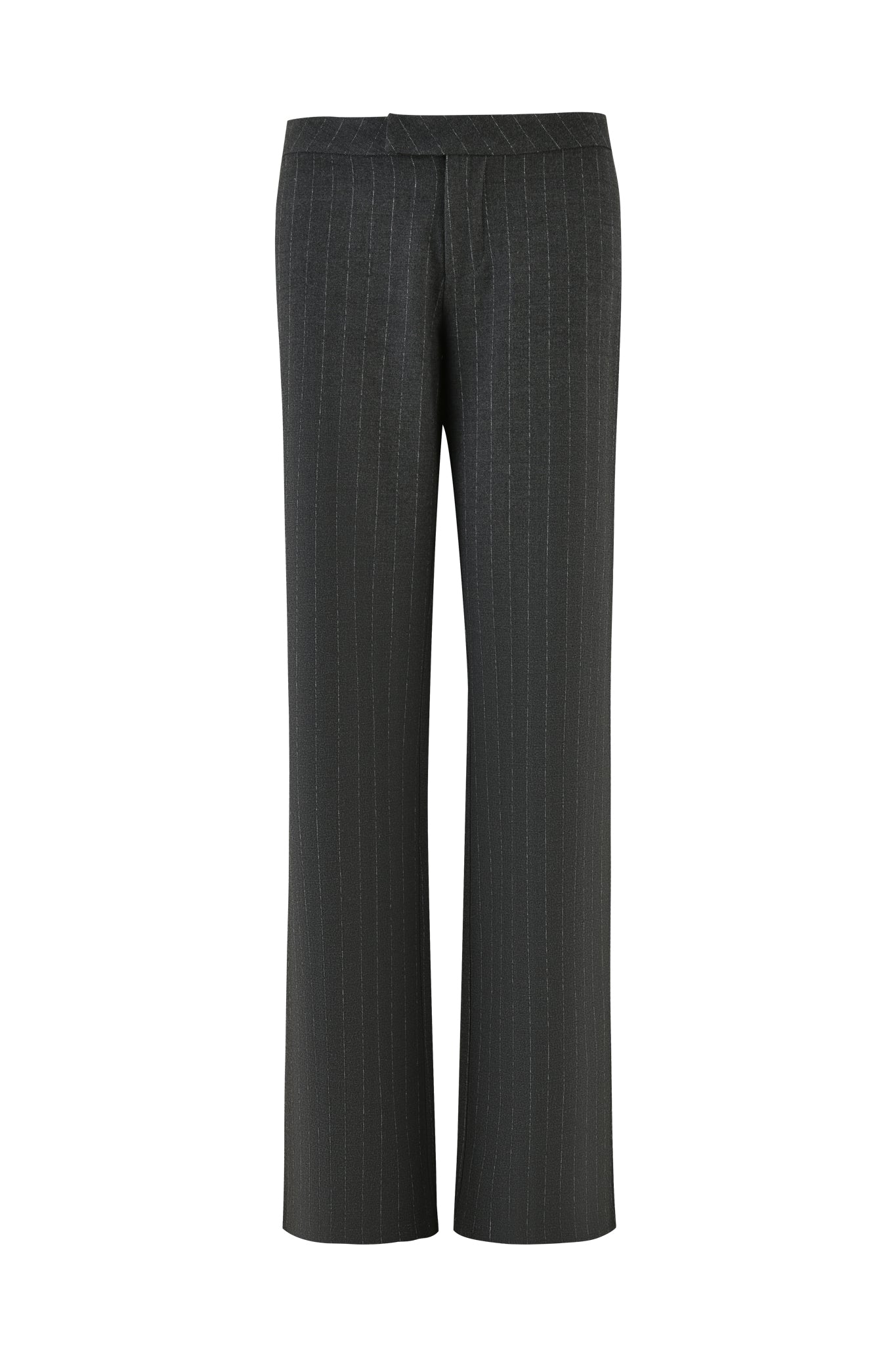 The MARRION PANT - GREY : PINSTRIPE by I.AM.GIA is displayed from the back, showcasing its straight-leg silhouette along with the back pockets and waistband. These grey pinstripe trousers feature a subtle vertical stripe pattern.