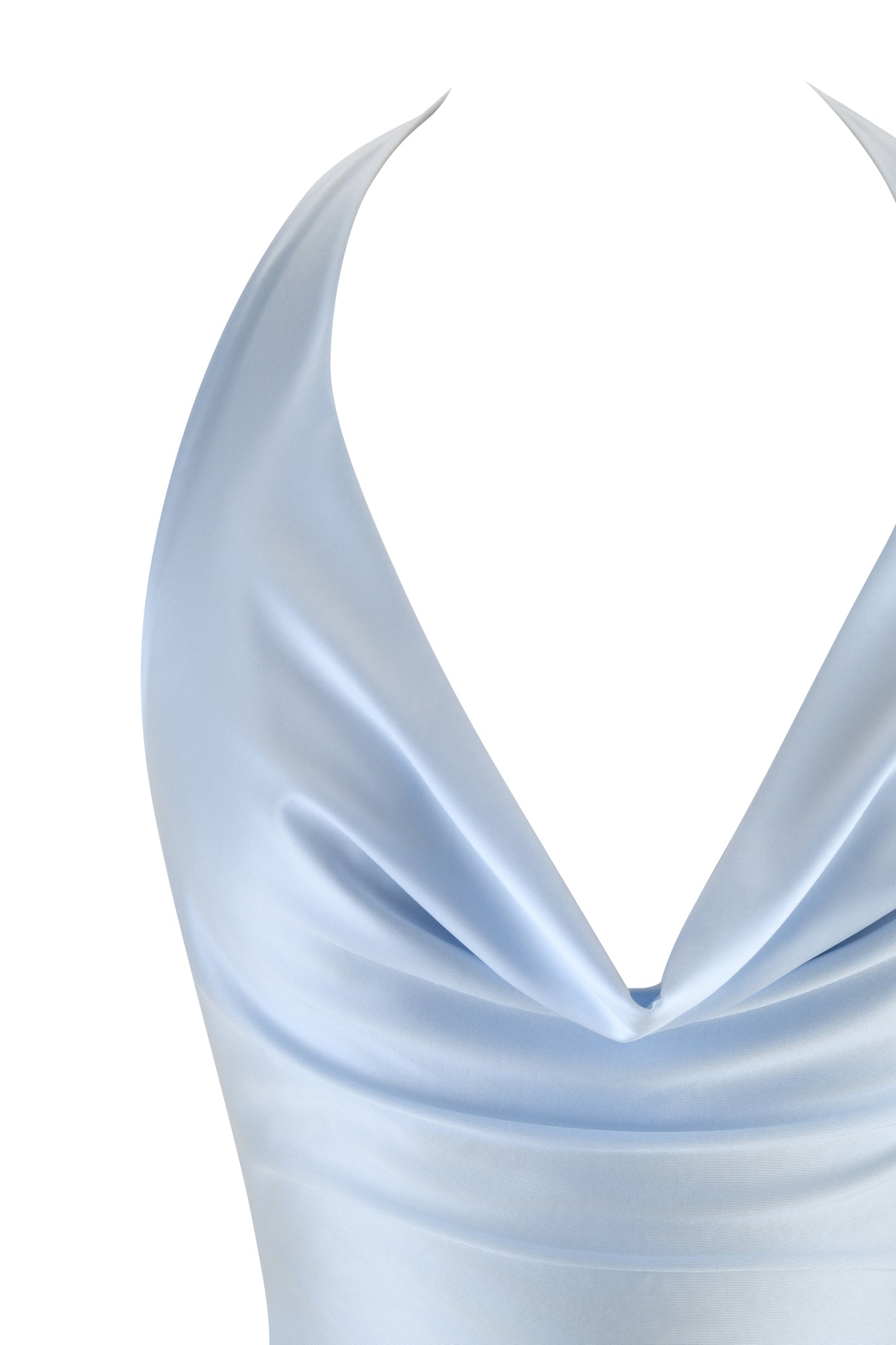 Close-up of the baby blue ELYSIA TOP by I.AM.GIA featuring a draped neckline. The smooth satin knit fabric subtly reflects light, showcasing its modern and elegant design reminiscent of a halter tank top.