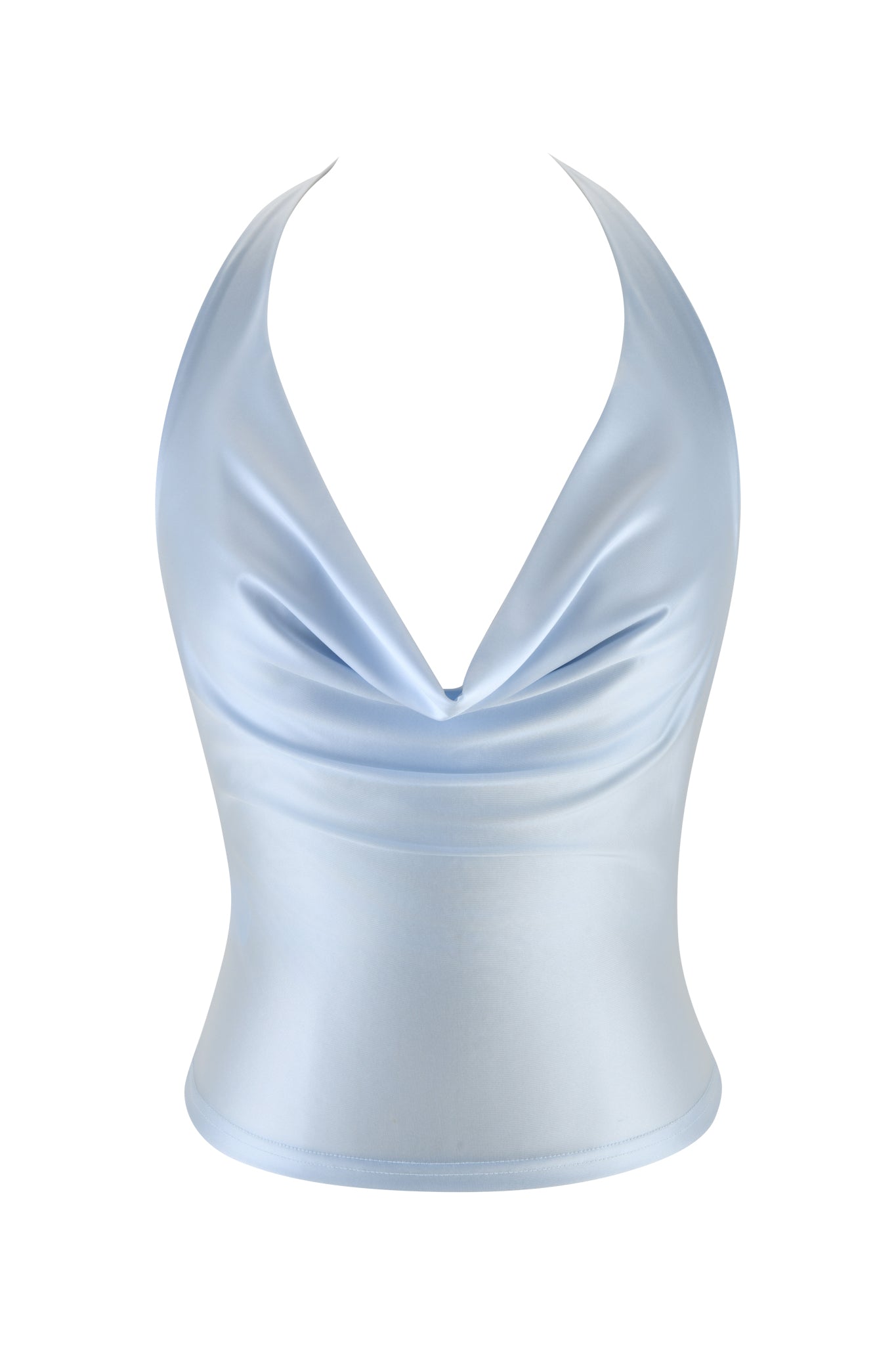The ELYSIA TOP - BLUE by I.AM.GIA is a baby blue halter tank top made from shimmering satin knit, showcasing a deep V-neckline and fitted waist. Its slight sheen gives it a smooth, sophisticated look that elegantly contrasts against the white background.