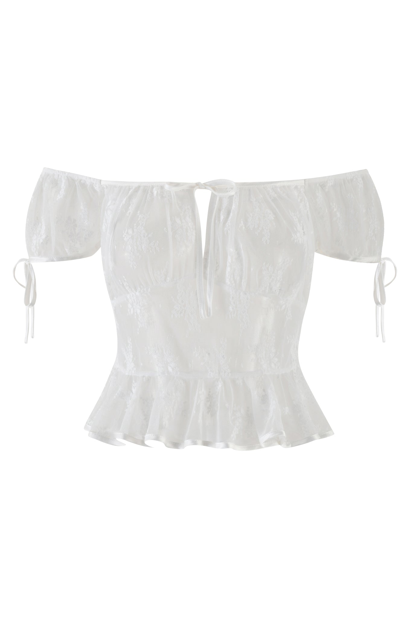 The DASHA TOP - WHITE : SNOW WHITE by I.AM.GIA is an off-the-shoulder peasant blouse featuring puffed sleeves and a subtle floral pattern for a relaxed fit. It includes a tie at the neckline and ruffled hem detailing, enhanced with sheer stretch lace for an elegant touch.