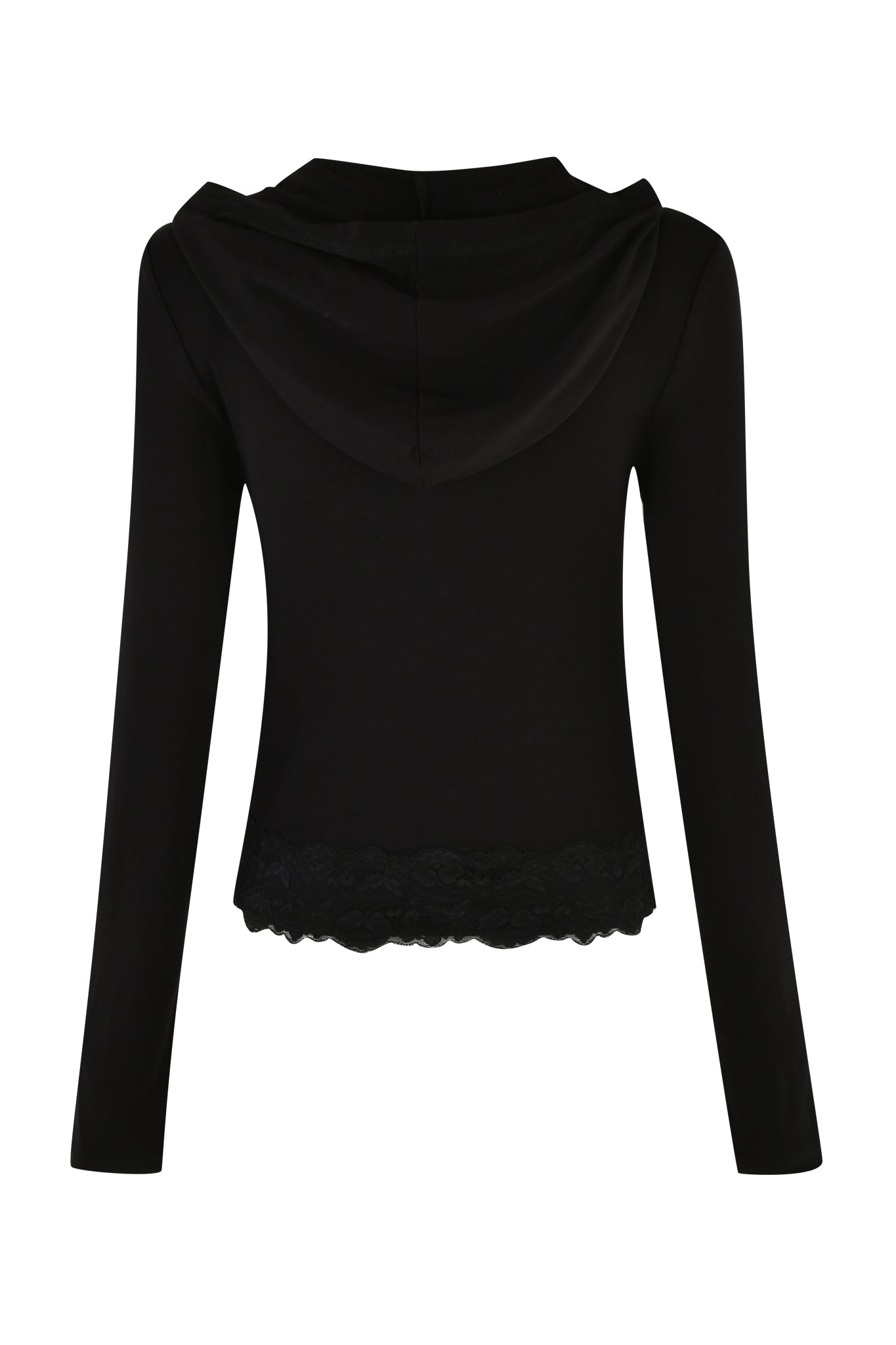 The TARSHA JACKET - BLACK by I.AM.GIA is a black long-sleeved hoodie with a hood viewed from the back. The bottom hem features a lace trim, adding a delicate touch to the garment's overall look. The fabric appears smooth and the hoodie has a bodycon silhouette. No other details or designs are visible.