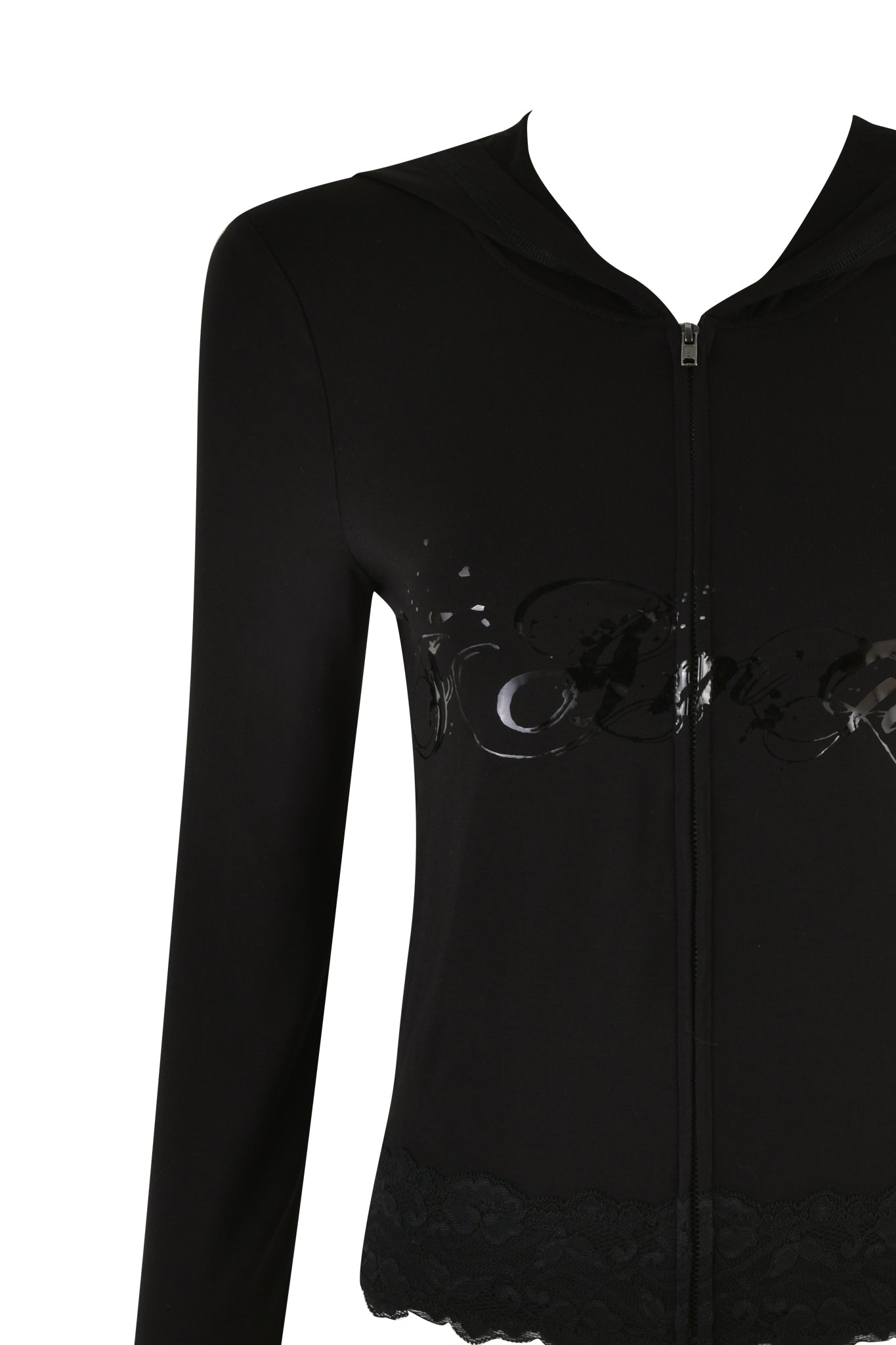 A long-sleeved TARSHA JACKET - BLACK: TRUE BLACK hoodie by I.AM.GIA with a front zipper. The hoodie features a subtle shiny design on the chest area and lace detailing on the hem, tagged with the I.AM.GIA logo. The hood is visible but not fully shown, contrasting against a plain white background.