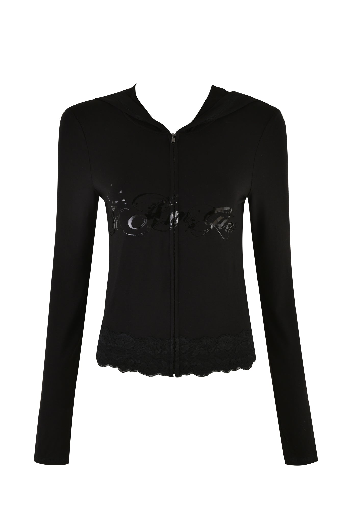 The TARSHA JACKET - BLACK by I.AM.GIA is a black, long-sleeved hoodie with a front zipper. It features a shiny, abstract design across the chest and lace detailing at the hem. The hood is slightly visible, and its bodycon silhouette offers a sleek style similar to the iconic I.AM.GIA look.