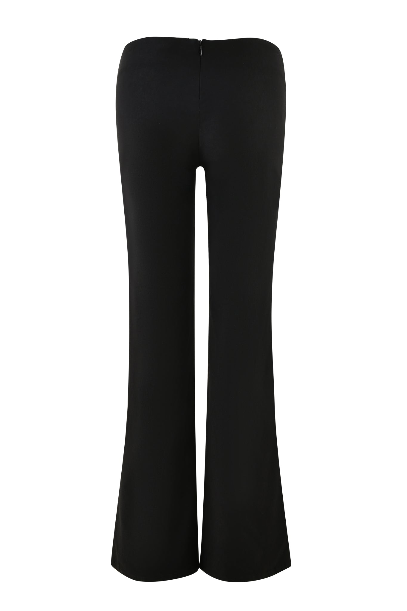 The SHARAH PANT - BLACK by I.AM.GIA, showcased from the rear, features a high waist and a back zipper closure. These black pants are designed with a flared leg for a chic, modern look.