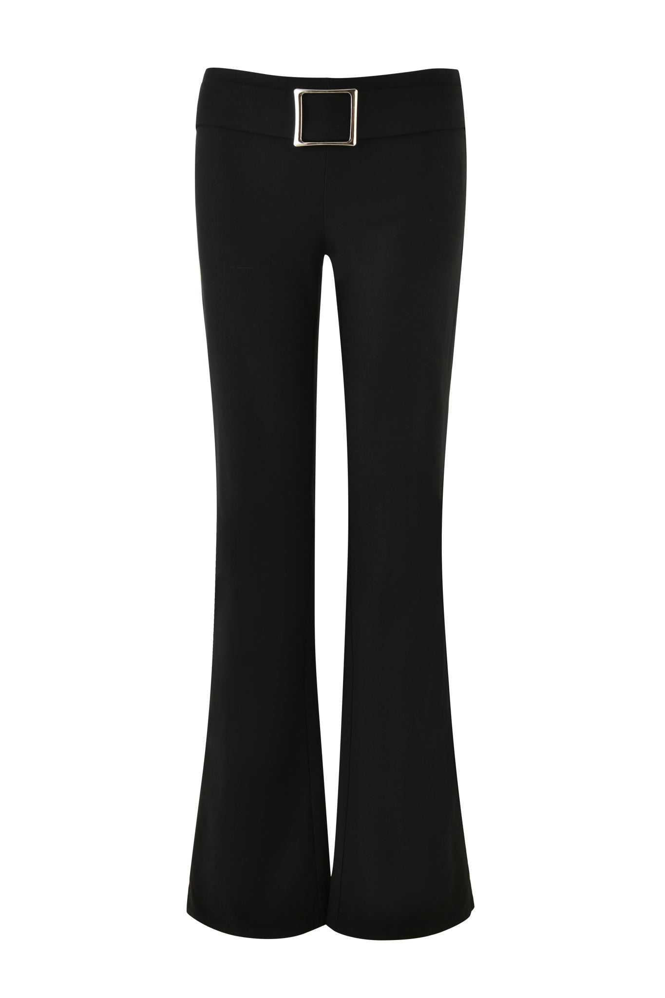 The SHARAH PANT - BLACK by I.AM.GIA is a pair of high-waisted, flared pants featuring a wide waistband with a prominent rectangular silver buckle at the front center. The fabric appears smooth and slightly stretchy.