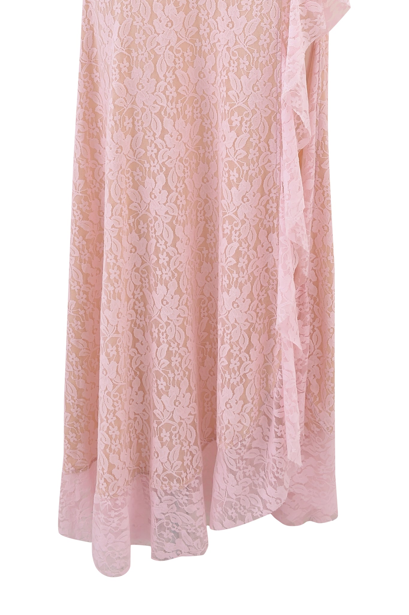 Close-up of the IRISIA LACE HALTER MAXI DRESS in baby pink by I.AM.GIA, featuring a floral lace pattern, sheer overlay, and an asymmetrical ruffle hem.