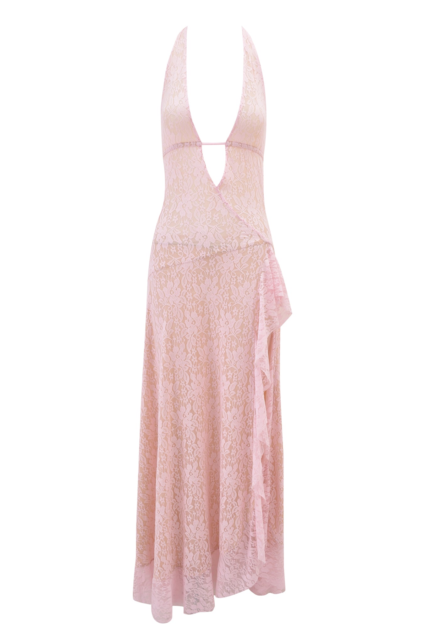 The IRISIA LACE HALTER MAXI DRESS by I.AM.GIA is a baby pink, sleeveless maxi with a fitted bodice, deep V-neckline, flowing skirt, asymmetrical ruffle hem, and semi-sheer floral lace throughout.