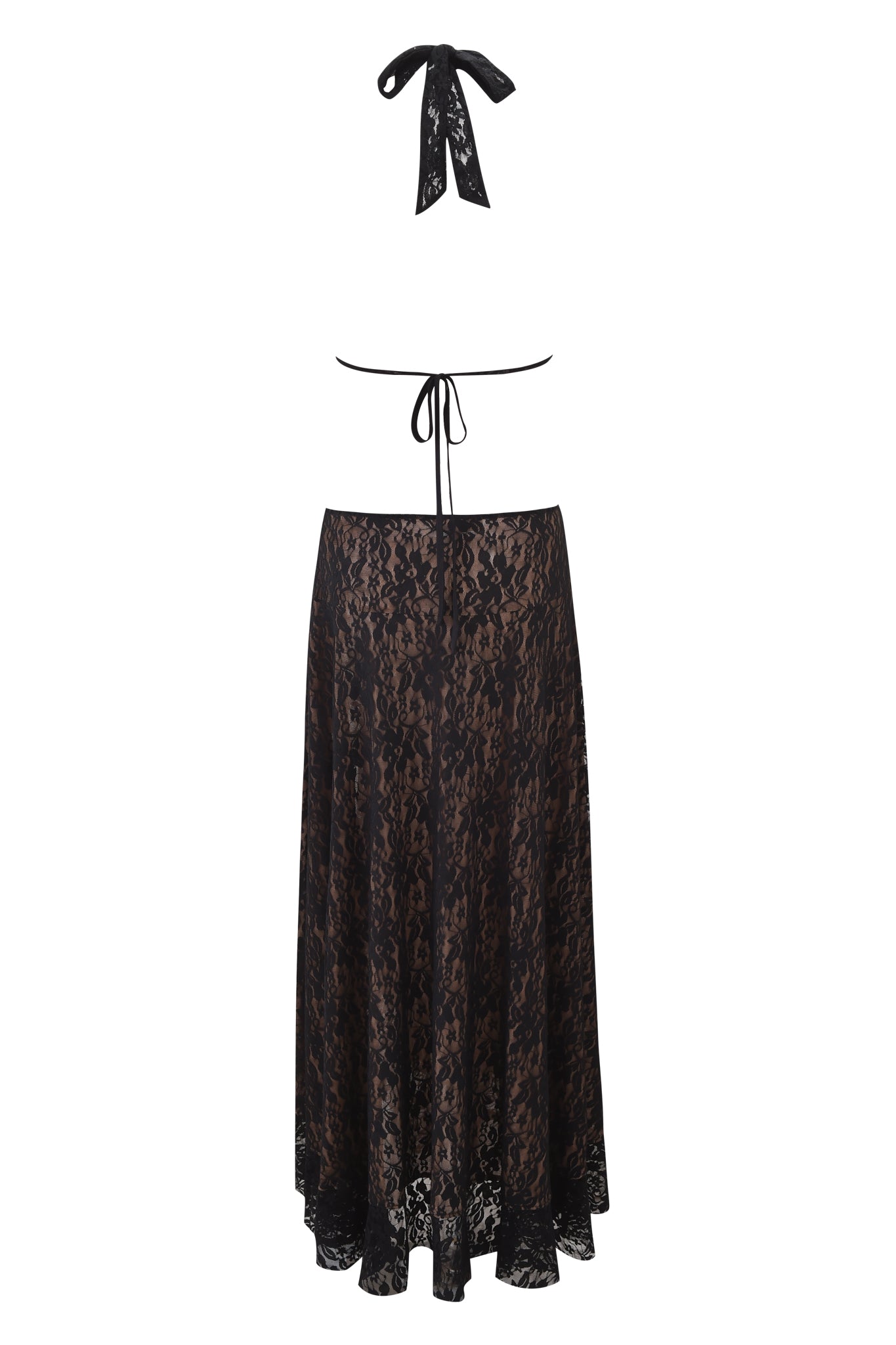 The IRISIA LACE HALTER MAXI DRESS by I.AM.GIA features a black, sheer floral lace design with a halter neck and plunging backless style, offering an elegant, lightweight maxi look.