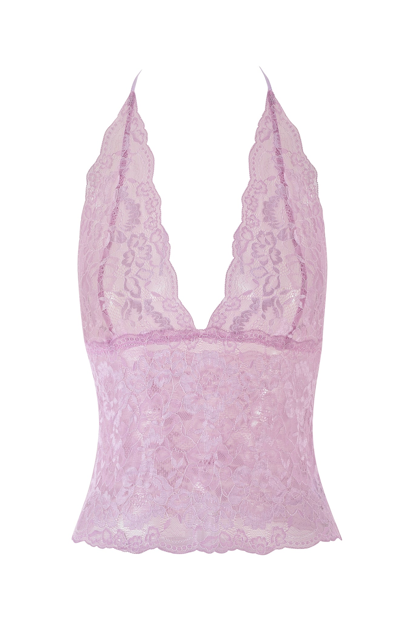 The GEM HALTER TOP in lilac purple by I.AM.GIA features a deep V-neckline with floral lace detailing. Its sheer lace fabric is adorned with scalloped edges along the neck and hem, while the sleeveless, bodycon fit enhances its delicate and elegant appearance.