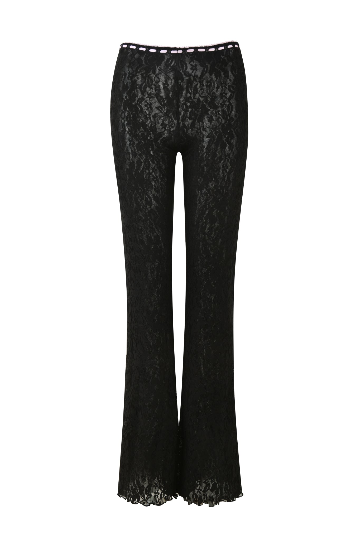 The LORAH PANT - BLACK by I.AM.GIA features pull-on construction with a scalloped waistband on a plain white background. These black lace bell-bottom pants are fitted through the hips and adorned with a floral pattern, offering a textured and stylish look.