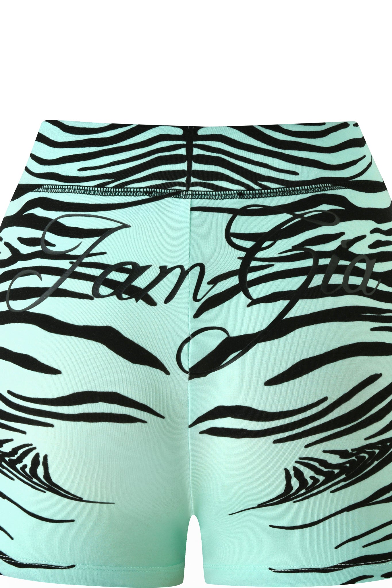 Aqua Fine Line Zebra Blare shorts by I.AM.GIA, featuring striking black tiger stripe patterns and bold cursive lettering across the front—an iconic style inspired by the brand’s signature aesthetic.