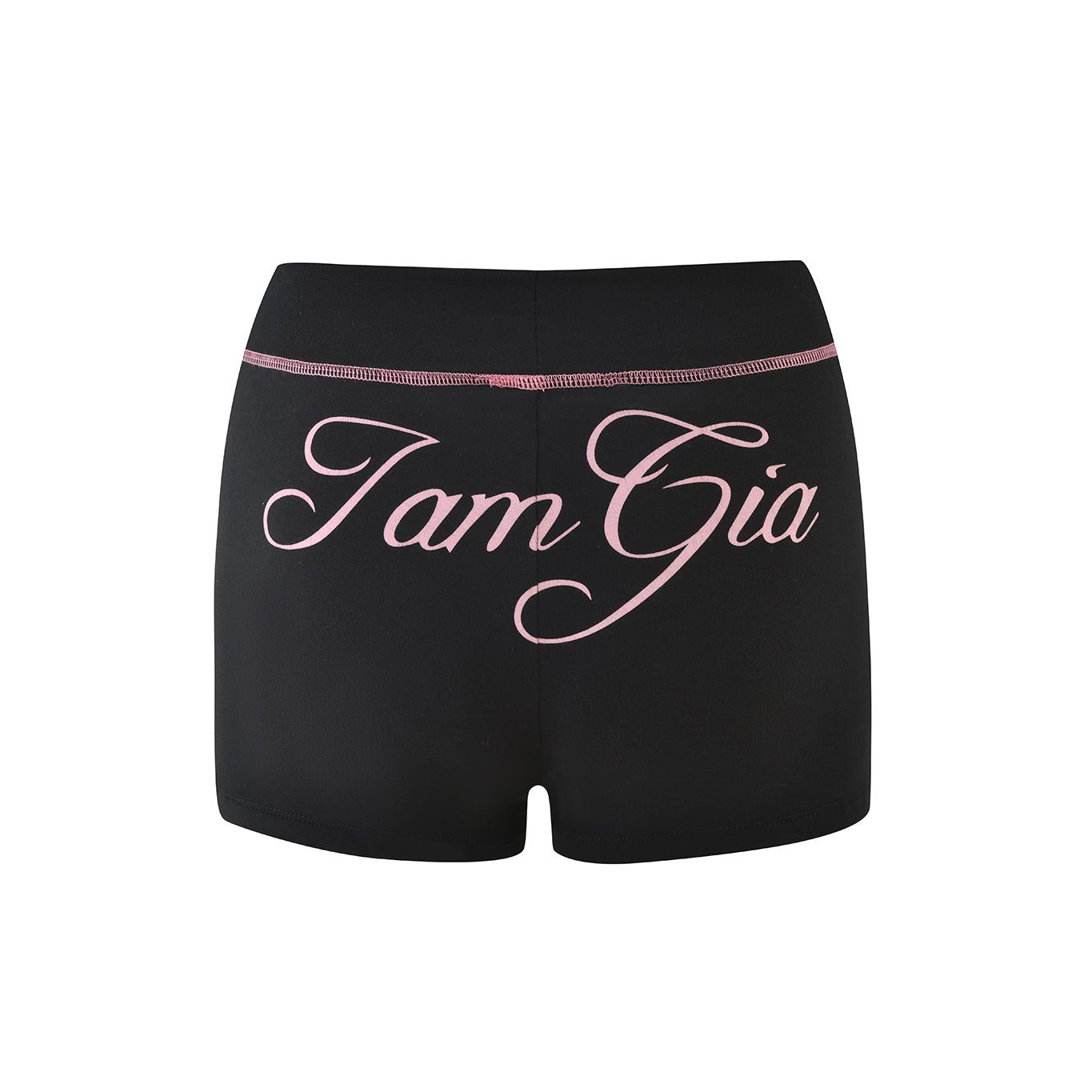 BLARE SHORT - BLACK by I.AM.GIA features pink iconic branding on the back, crafted from stretchy bamboo for ultimate comfort.