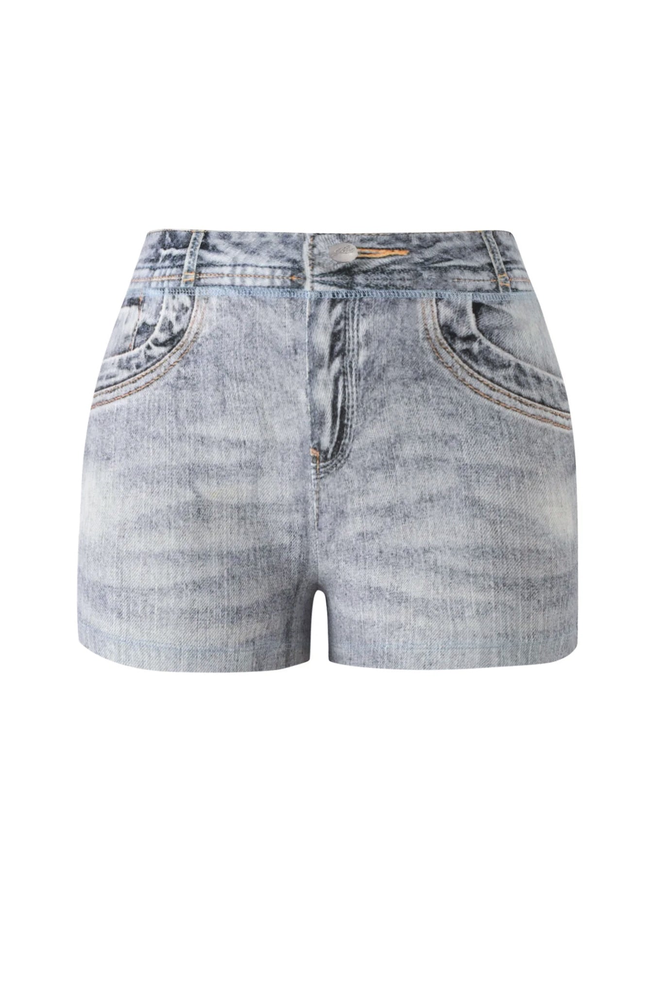 The BLARE SHORT - DENIM TROMPE L’OEIL by I.AM.GIA are high-waisted light blue mini shorts with front and back pockets, belt loops, and a trendy faded wash design. These denim print shorts are showcased on a plain white background.