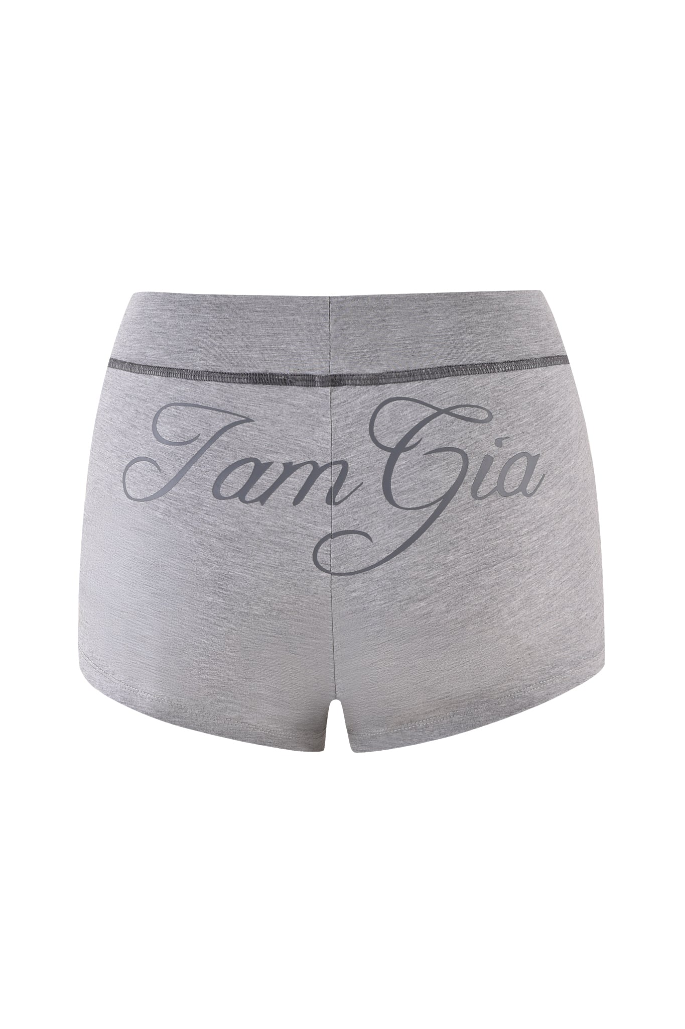 The BLARE JERSEY SHORT in Heather Grey by I.AM.GIA is a high-waisted mini track short featuring bold, curvy "I.AM.GIA" script across the back, inspired by the iconic Blare Trackpant.