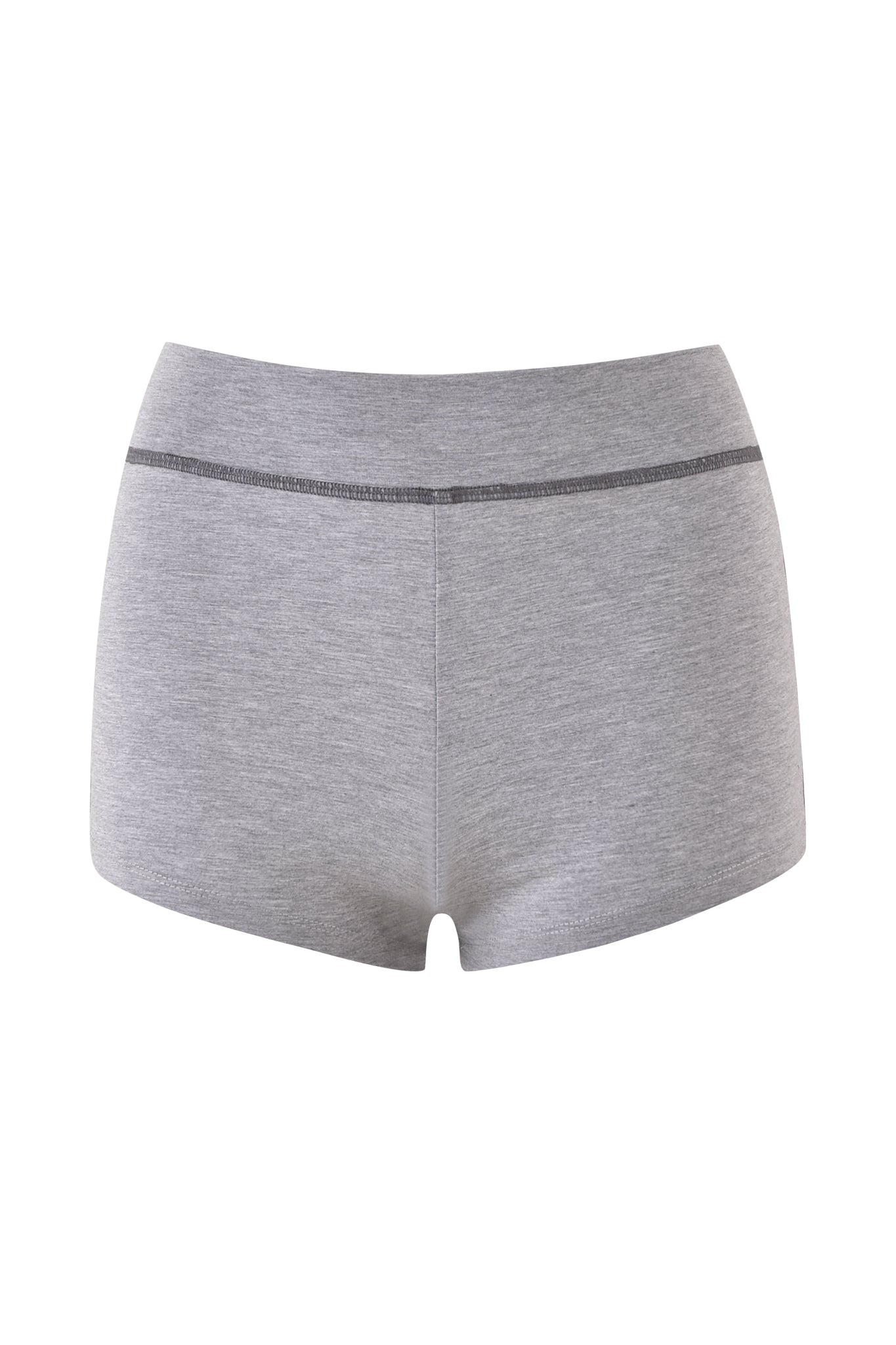 The BLARE JERSEY SHORT in Heather Grey by I.AM.GIA features a mid-rise fit, visible waistband stitching, and a smooth seamless look, inspired by mini track shorts and shown on a plain white background.