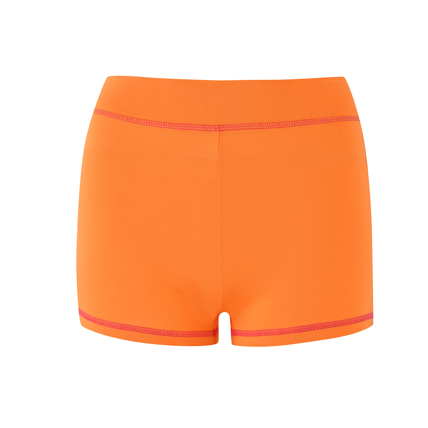 An image of I.AM.GIA's BLARE SHORT - ORANGE, showcasing bright orange shorts with a red waistband and leg hems, designed for a bodycon fit. The stretchy, smooth material is ideal for yoga or running, set against a white background.