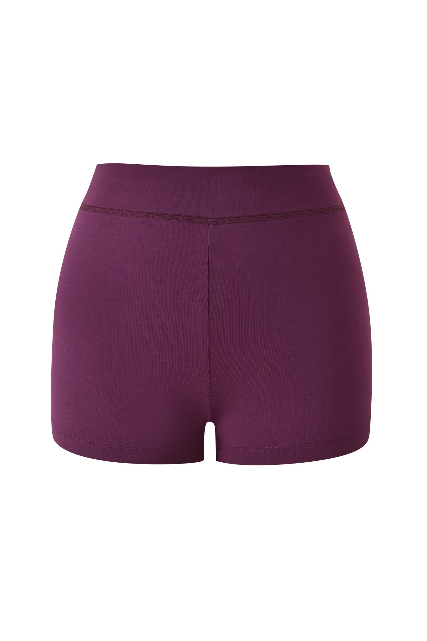 The BLARE SHORT - PLUM by I.AM.GIA features a high-waisted, bodycon fit with an elastic waistband, showcased against a white background.