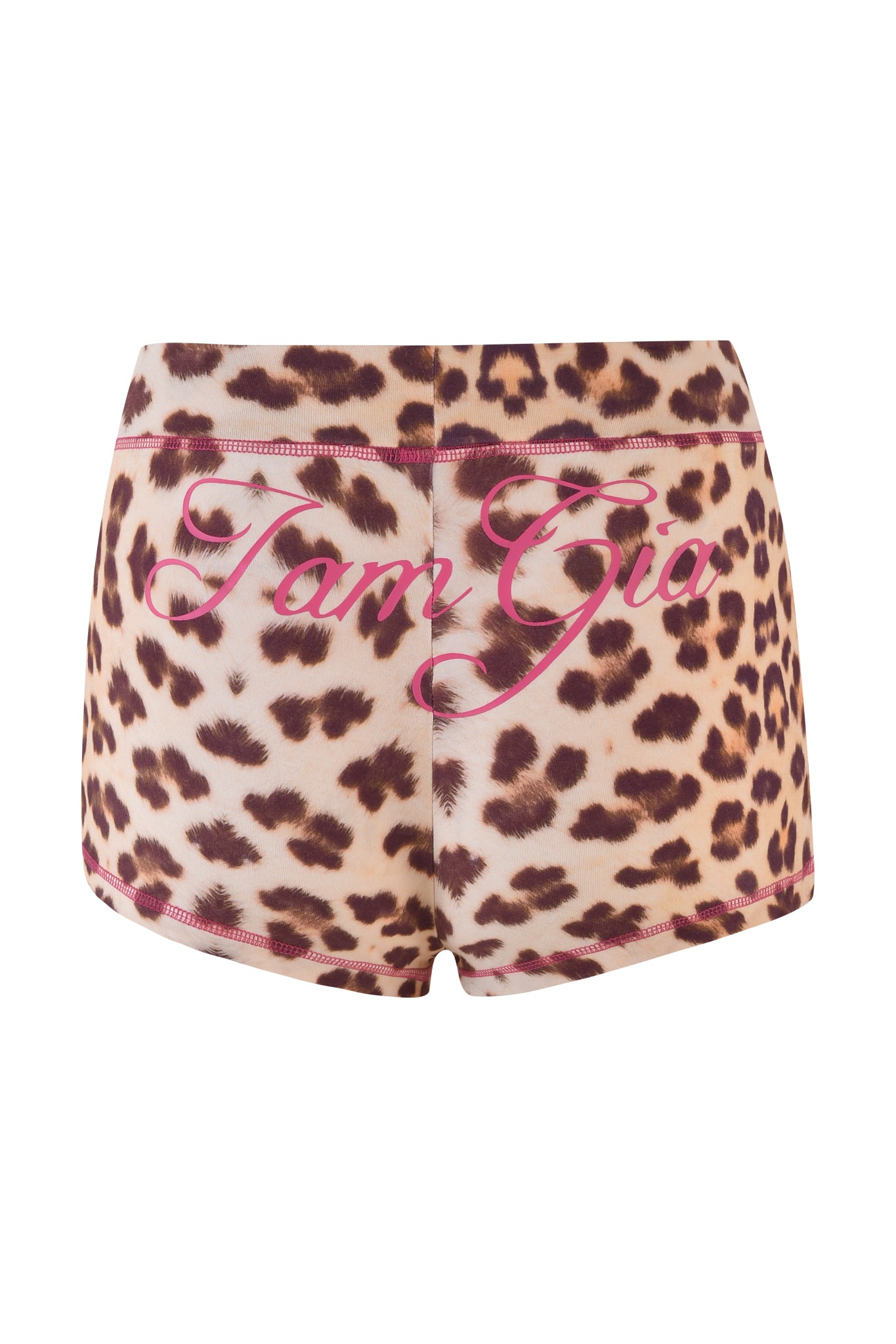 The BLARE SHORT - NEUTRAL : LEOPARD : WILD CARD from I.AM.GIA are leopard print shorts made from bamboo jersey, featuring pink stitching and cursive pink text saying "I.Am.Gia" across the back.