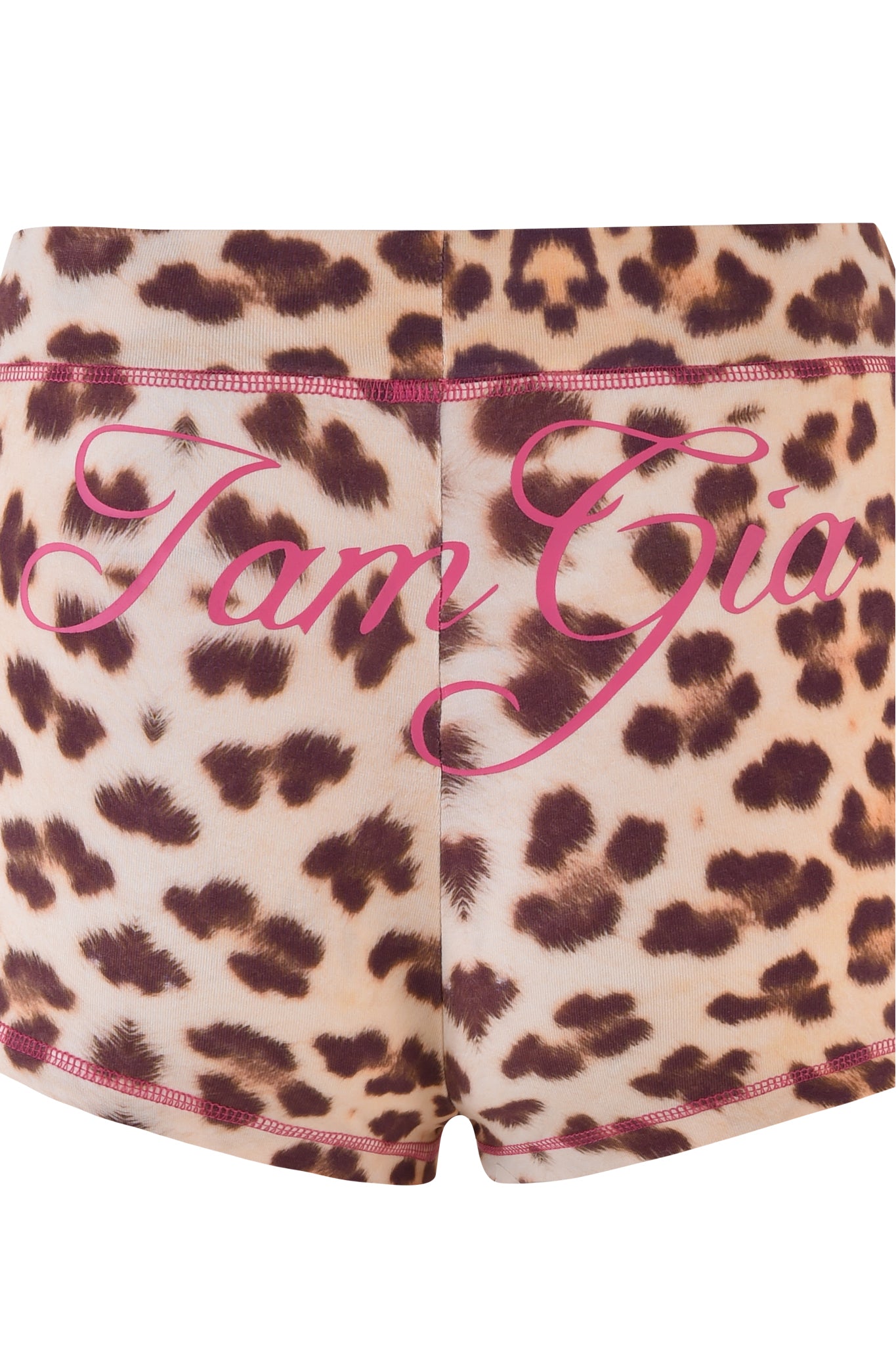 The BLARE SHORT - NEUTRAL : LEOPARD : WILD CARD by I.AM.GIA are crafted from soft bamboo jersey and boldly display "I am Gia" in pink cursive across the back.