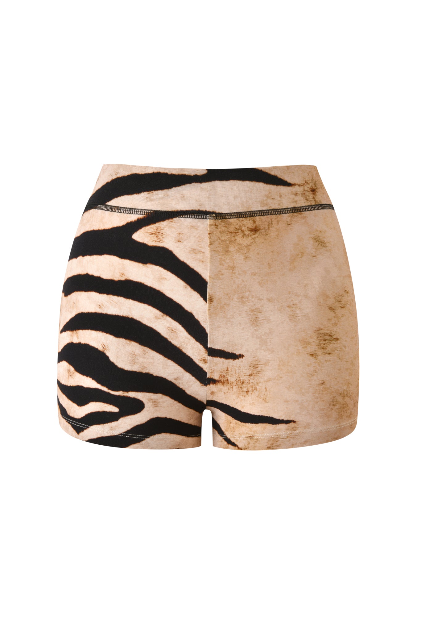Introducing the I.AM.GIA BLARE SHORT - WILD SIDE: These high-waisted shorts feature a bold split design, with one side displaying striking black and white zebra stripes while the other boasts a unique beige, fur-like texture. Designed with an elastic waistband for comfort, these standout shorts are perfect for trendsetters seeking eye-catching style.