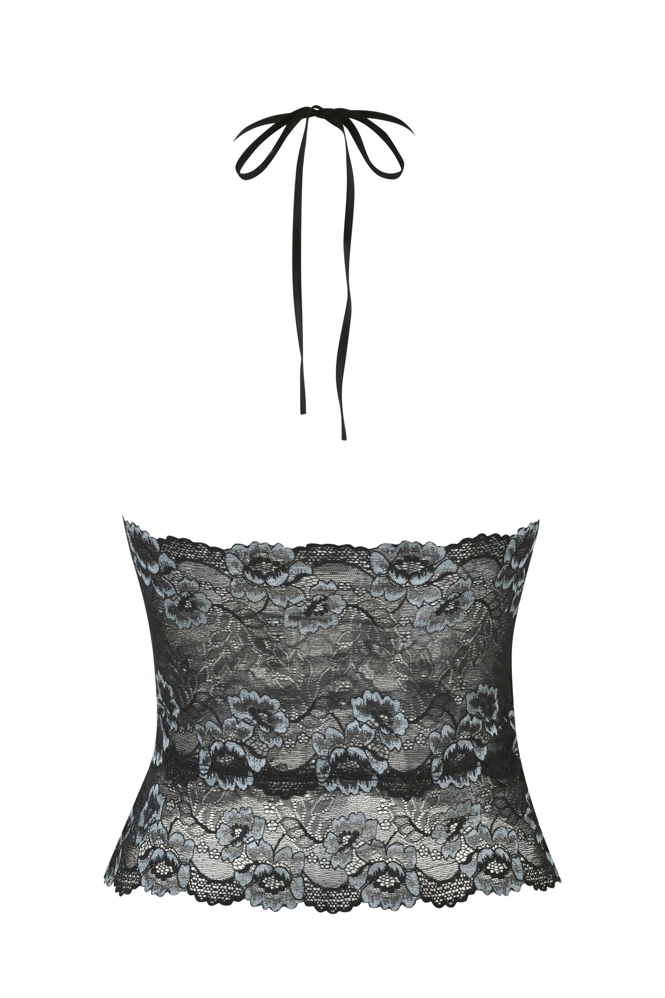 The GEM HALTER TOP - BLACK by I.AM.GIA, featuring a black lace design with floral patterns, a delicate halter ribbon strap, intricate detailing, and scalloped edges, embodies exquisite lace fabrication.