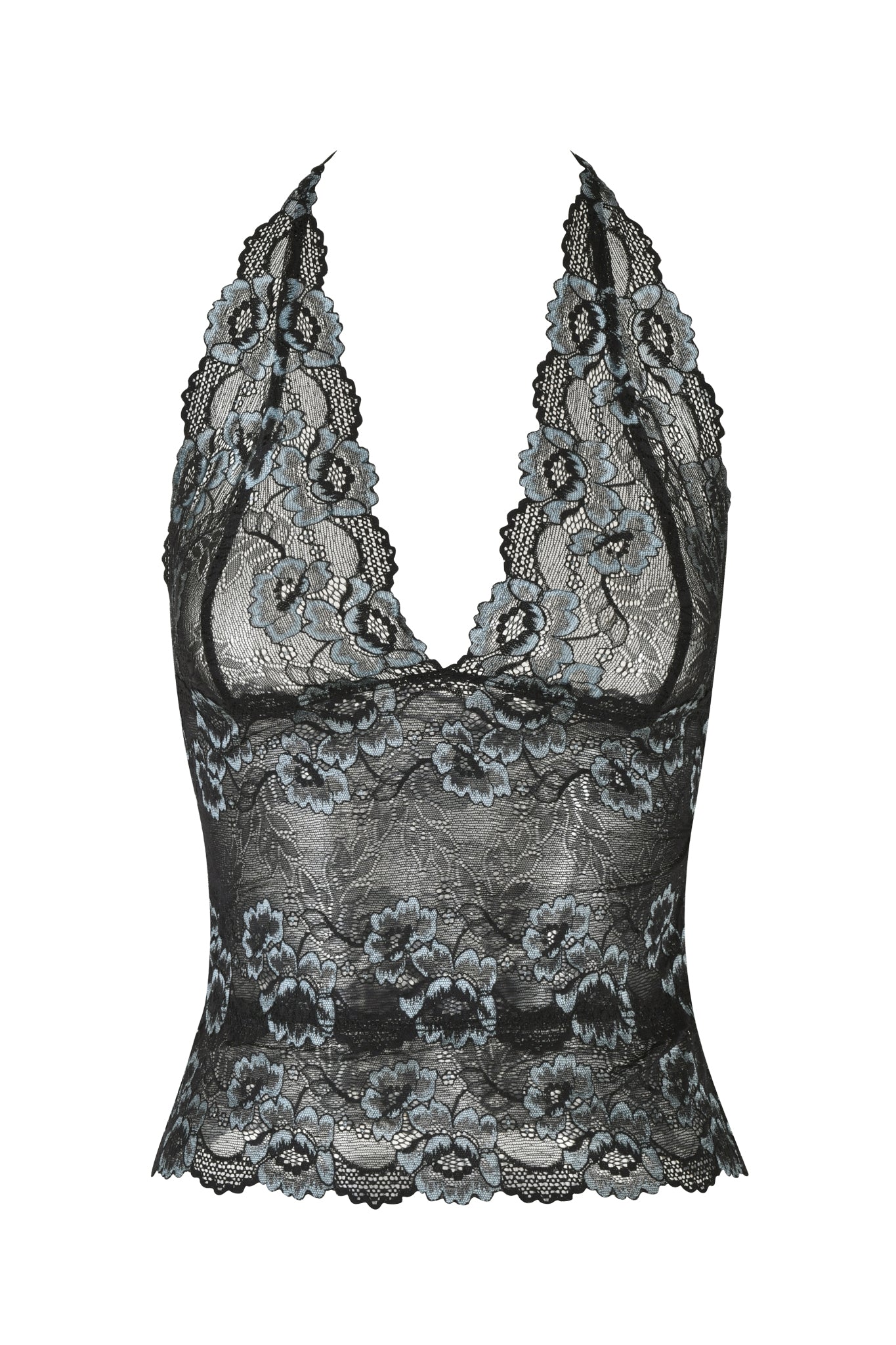 The GEM HALTER TOP - BLACK by I.AM.GIA is a bodycon fit black lace halter top adorned with intricate floral patterns. The semi-sheer lace material highlights light blue accents on the flower motifs, lending a delicate touch to its elegant design.