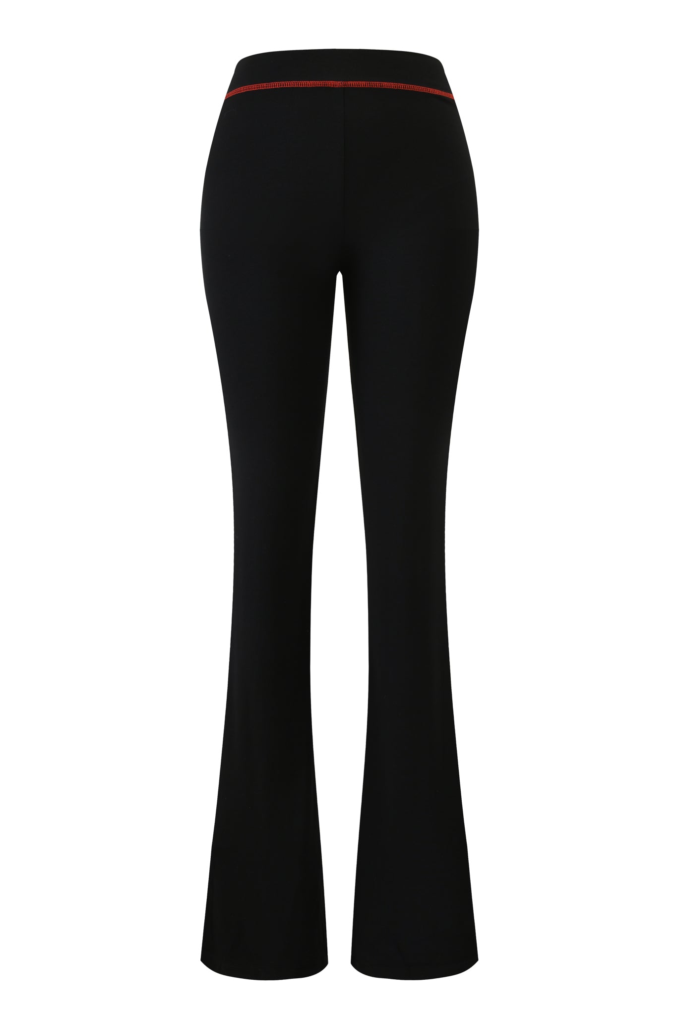 BLARE TRACKPANT - BLACK PSYCHO by I.AM.GIA, shown from the back, features a fitted waist with a thin red stripe near the waistband and slightly flared legs for a sleek silhouette.
