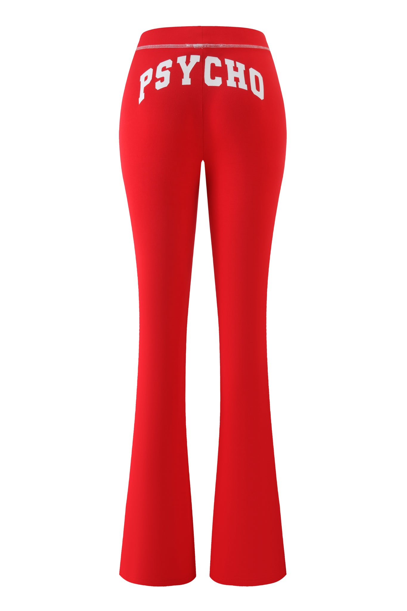Back view of I.AM.GIA BLARE TRACKPANT - RED : PSYCHO : SALSA, featuring bold white "PSYCHO" lettering across the waistband and a bodycon flared fit.