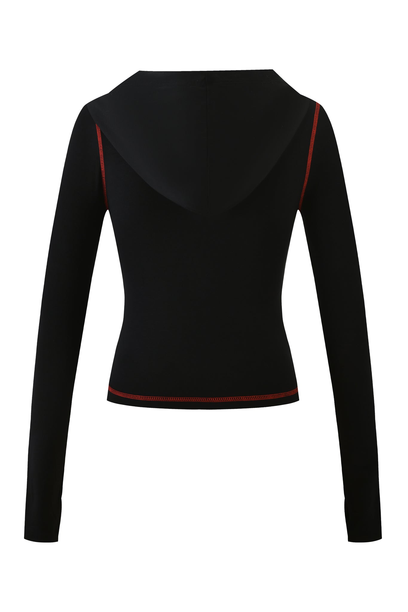 I.AM.GIA BLARE HOODIE - BLACK PSYCHO, featuring long sleeves and red stitching along the shoulder seams and hem, shown from the back on a white background.