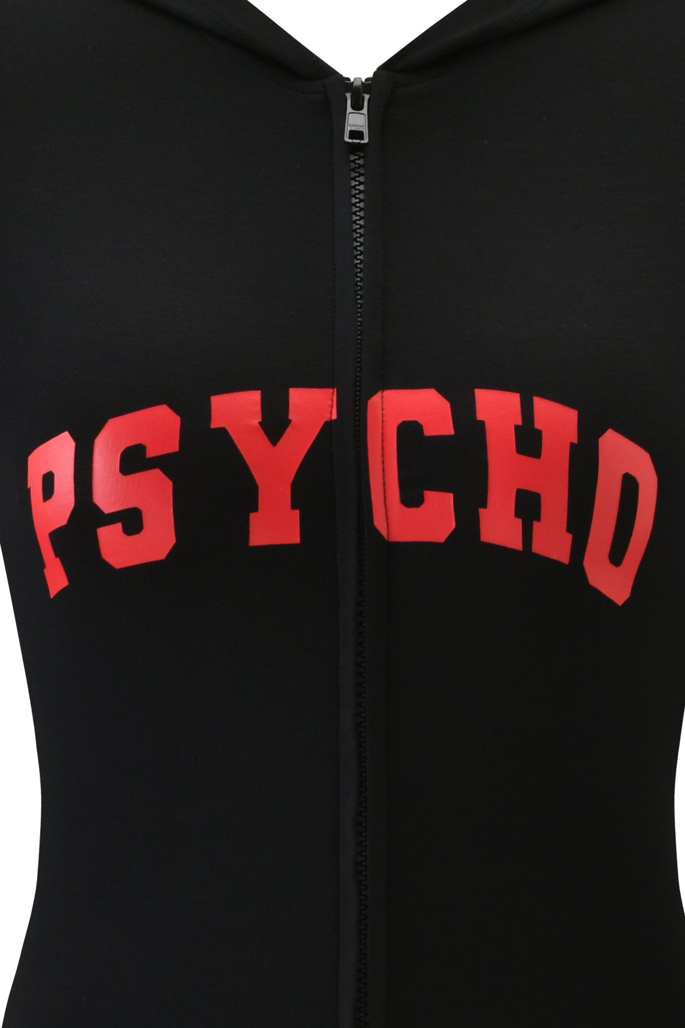 A close-up of the I.AM.GIA BLARE HOODIE in black, featuring "PSYCHO" printed in bold red letters across the chest.