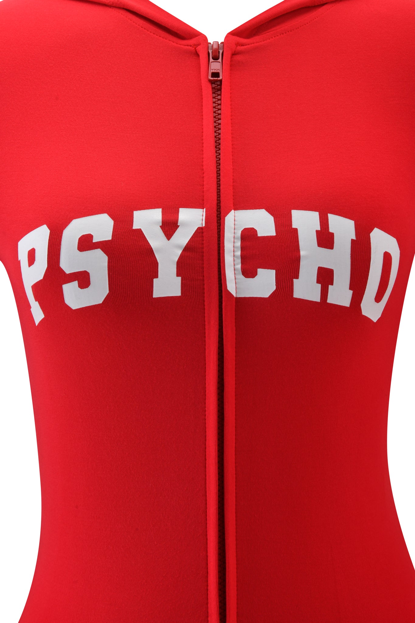 Close-up of the I.AM.GIA BLARE HOODIE - RED : PSYCHO : SALSA featuring white "PSYCHO" block letters across the chest and a vertical center zipper, showcasing this bold bodycon style.